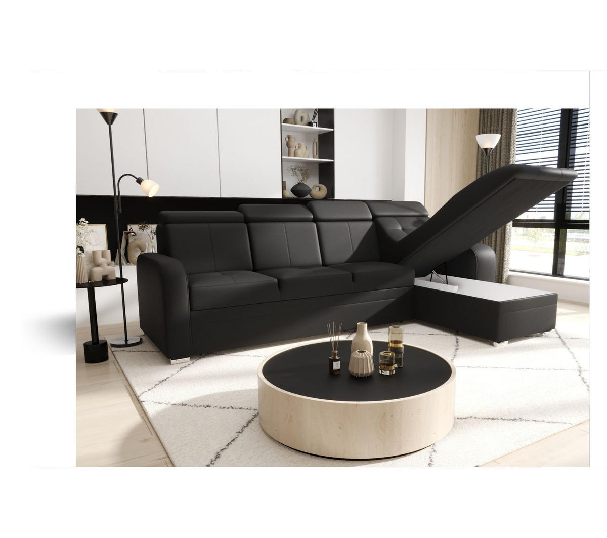 ECKSOFA KONGO RBN10, Eckcouch in L-Form mit Schlaffunktion, Farbe: Schwarz, Kunstleder, Ottomane Rechts - Schwarz, Textil (315/169cm) - O-Sofa