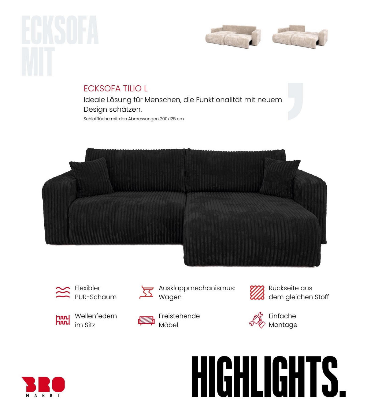 ECKSOFA mit Schlaffunktion TILIO Schwarz - Schwarz, Textil (244/148cm) - Bromarkt