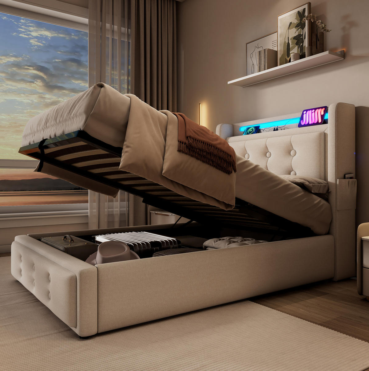 POLSTERBETT 90/200 cm mit LED-Beleuchtung, Steckdose, USB-C und Bettkasten,und Matratze, Beige - Beige, Textil (90/200cm) - Redom