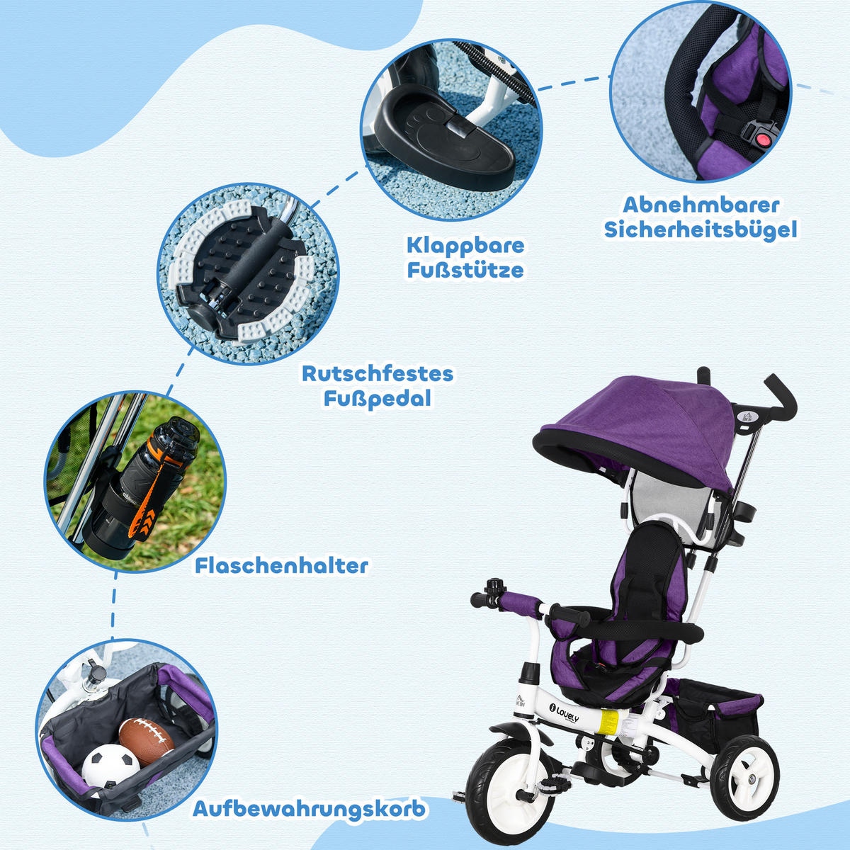 6-IN-1 Dreirad mit Schubstange, Kinderdreirad mit abnehmbarem Sonnendach Violett - Violett, Metall (95/50/106cm) - HOMCOM