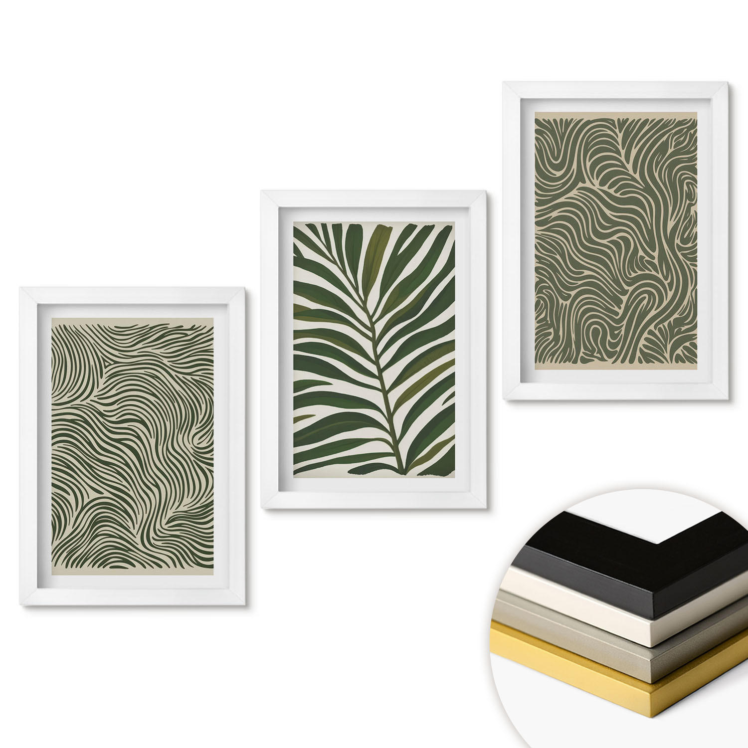 WANDBILDER 3er-Set - 20x30 cm Weißer Rahmen - Blattmuster wellenförmige Formen - Weiß, Kunststoff (20/30cm) - ArtPrintCave