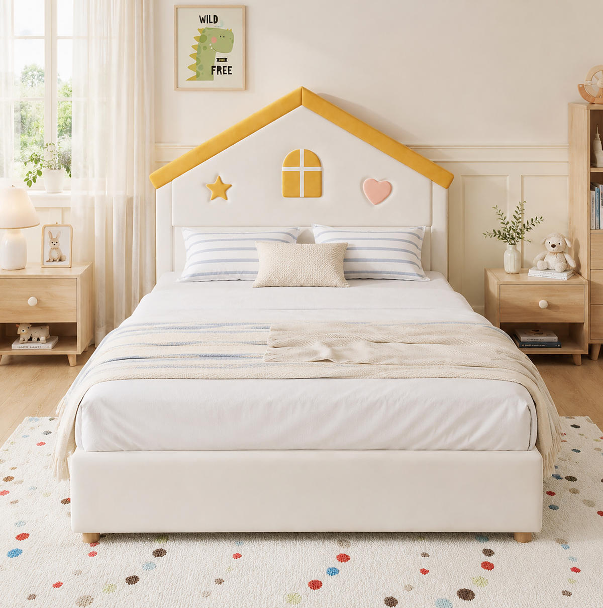 KINDERBETT 140x200 cm in Beige mit Haus-Kopfteil und 4 Schubladen - Beige, Textil (140/200cm) - IVMEU