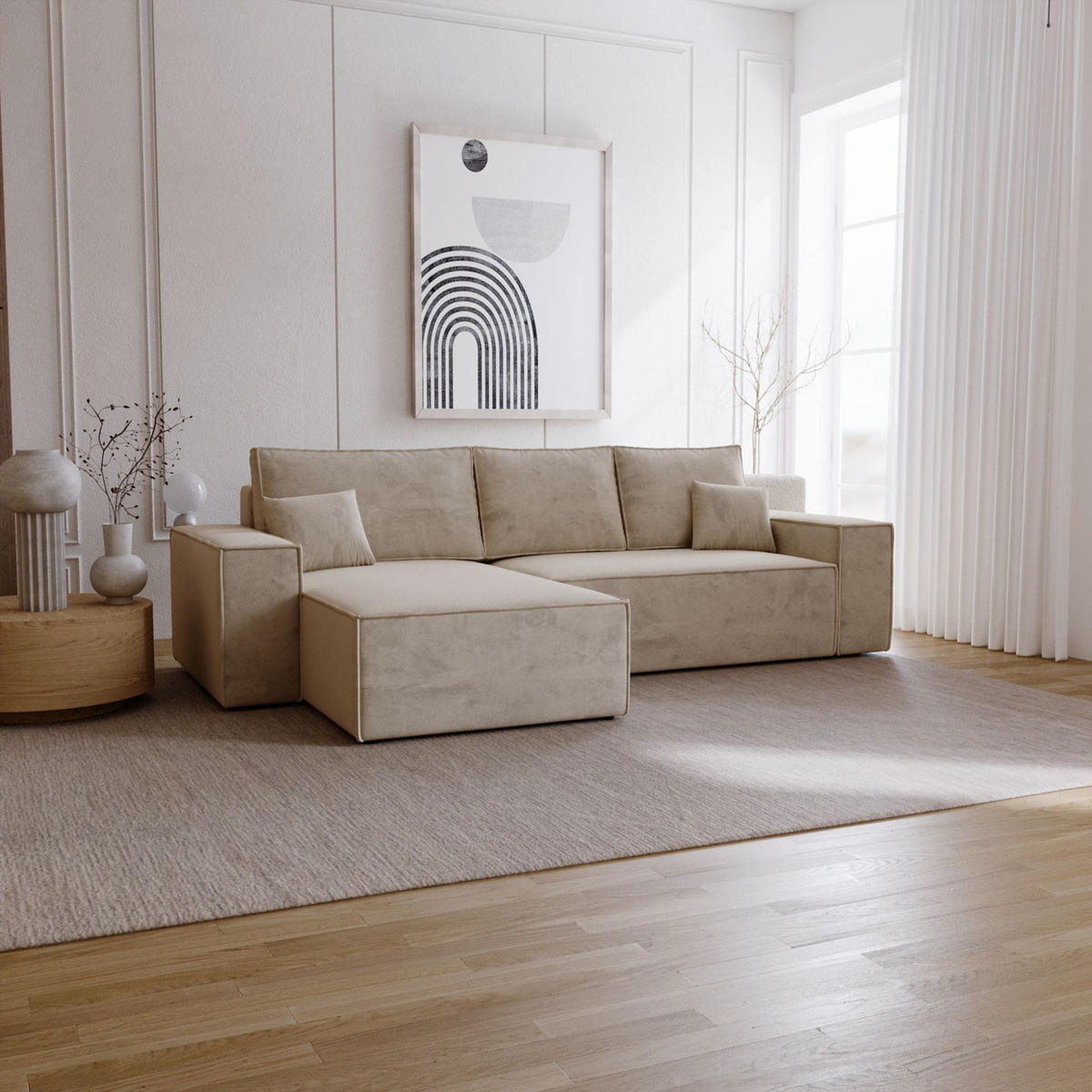 ECKSOFA mit Schlaffunktion Bergamo L 280 cm, Samt, Links - Beige - Beige, Holz (277/189cm) - Emporius