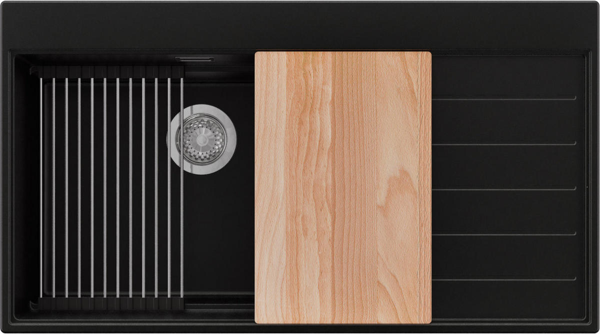 SPÜLBECKEN Sydney, 2-er set Schwarz 90/50 cm 1 Becken + Ablauf-Set + Küchenzubehörset ab 60er Unterschrank - Chromfarben/Beige, Kunststoff (90/20/50cm) - Primagran