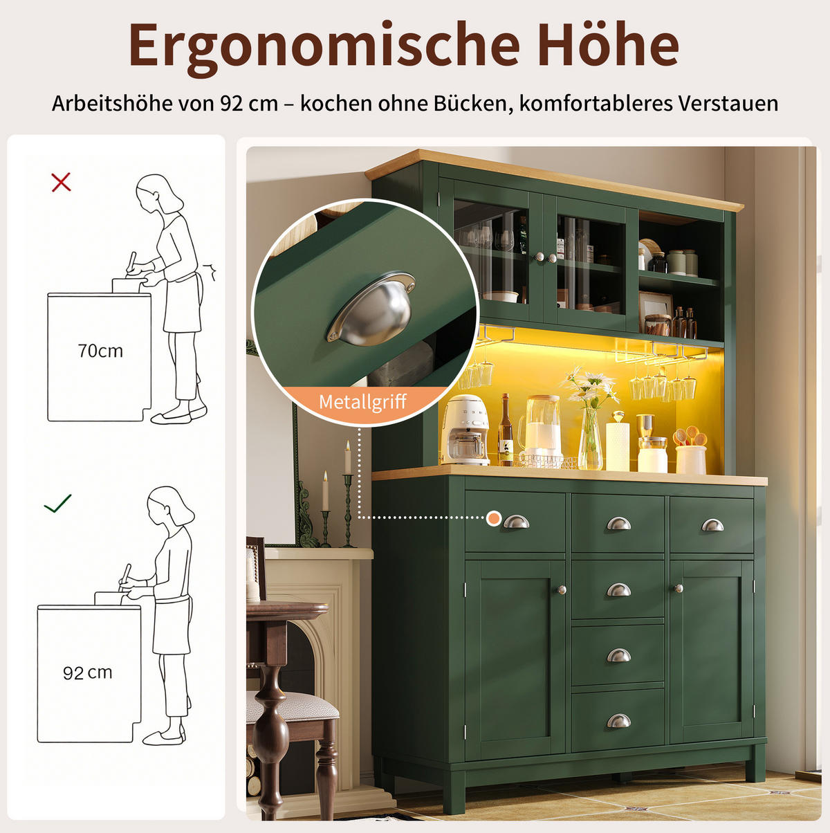 BUFFETOVÁ skrinka 104/40/180 cm zelená z MDF s LED osvetlením a držiakmi na nápoje - zelená, kompozitné drevo (104/180/40cm) - OKWISH