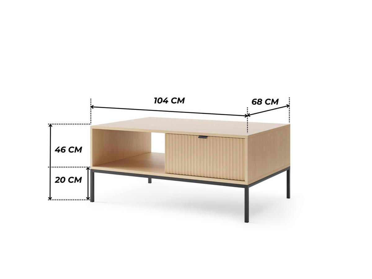 MODERNES Geriffelter Couchtisch KIOTO Ł2SZ (Eiche Vicenza, Schwarzes Gestell, Vollauszug) - Eichefarben/Schwarz, Holz/Holzwerkstoff (68/104/46cm) - Ravio