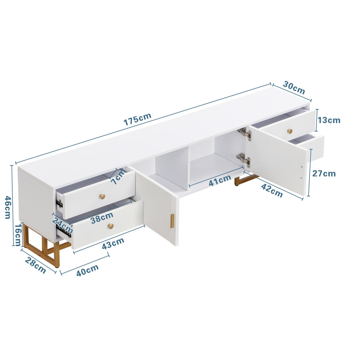 LOWBOARD 175/30/46 cm Weiß aus MDF mit 4 Schubladen und 2 Türen - Weiß, Holzwerkstoff (30/46/175cm) - OKMYHOME