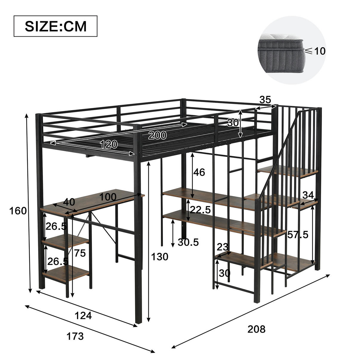 ETAGENBETT aus Metall und MDF 120x200 cm Schwarz mit Schreibtisch, Regal, offenem Kleiderschrank und Eckleiter - Schwarz, Holzwerkstoff (120/200cm) - Modfu