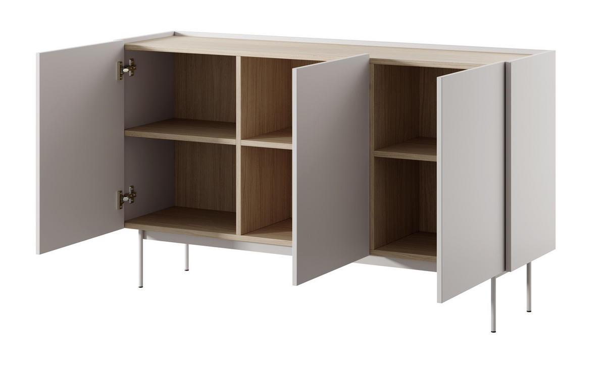 KOMMODE 144 cm Laris - Beinen, 3 Türen, Beige - Kaschmir, Holz (144/83/37cm) - Emporius