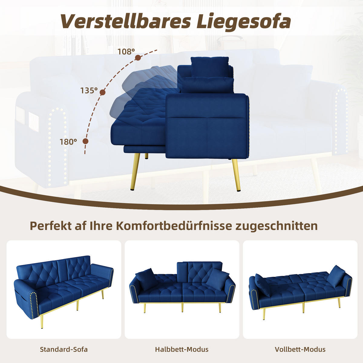 SCHLAFSOFA 175/80/73.5 cm Blau mit drei verstellbaren Neigungswinkeln und Getränkehalter - Blau, Textil (175/73.5/80cm) - Oxeza