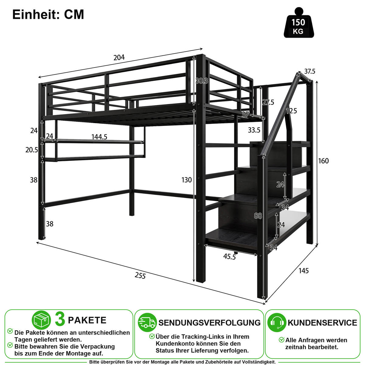 VYSOKÁ POSTEL 140/200 cm v černé barvě s úložným žebříkem, policemi a zábradlím - černá, kov/kompozitní dřevo (140/200cm) - CHICFURN