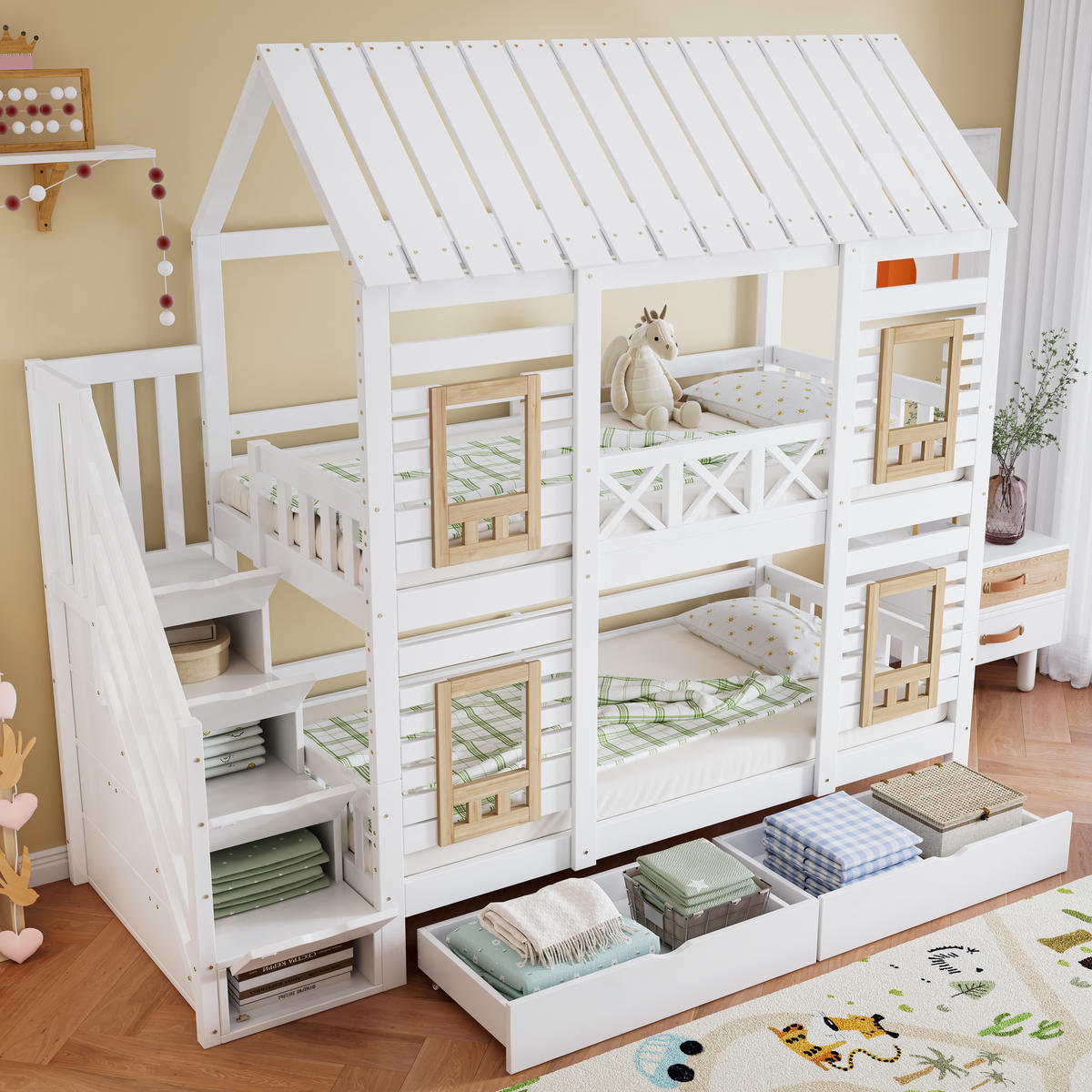 ETAGENBETT 90/200 cm weiß und natur aus Massivholz mit Treppe und Schubladen - Weiß, Holz (90/200cm) - OKWISH