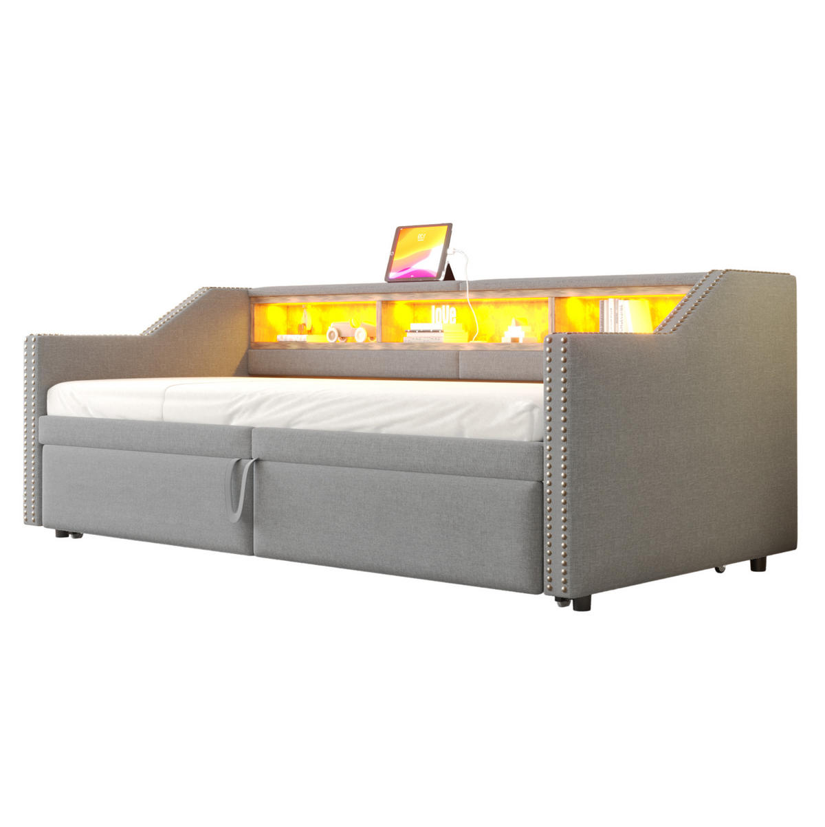 POLSTERBETT aus Leinen 90/180x200 cm Hellgrau mit Ausziehbett, LED, USB-Anschluss und Ablagefächern - Hellgrau, Textil (90/200cm) - Modfu