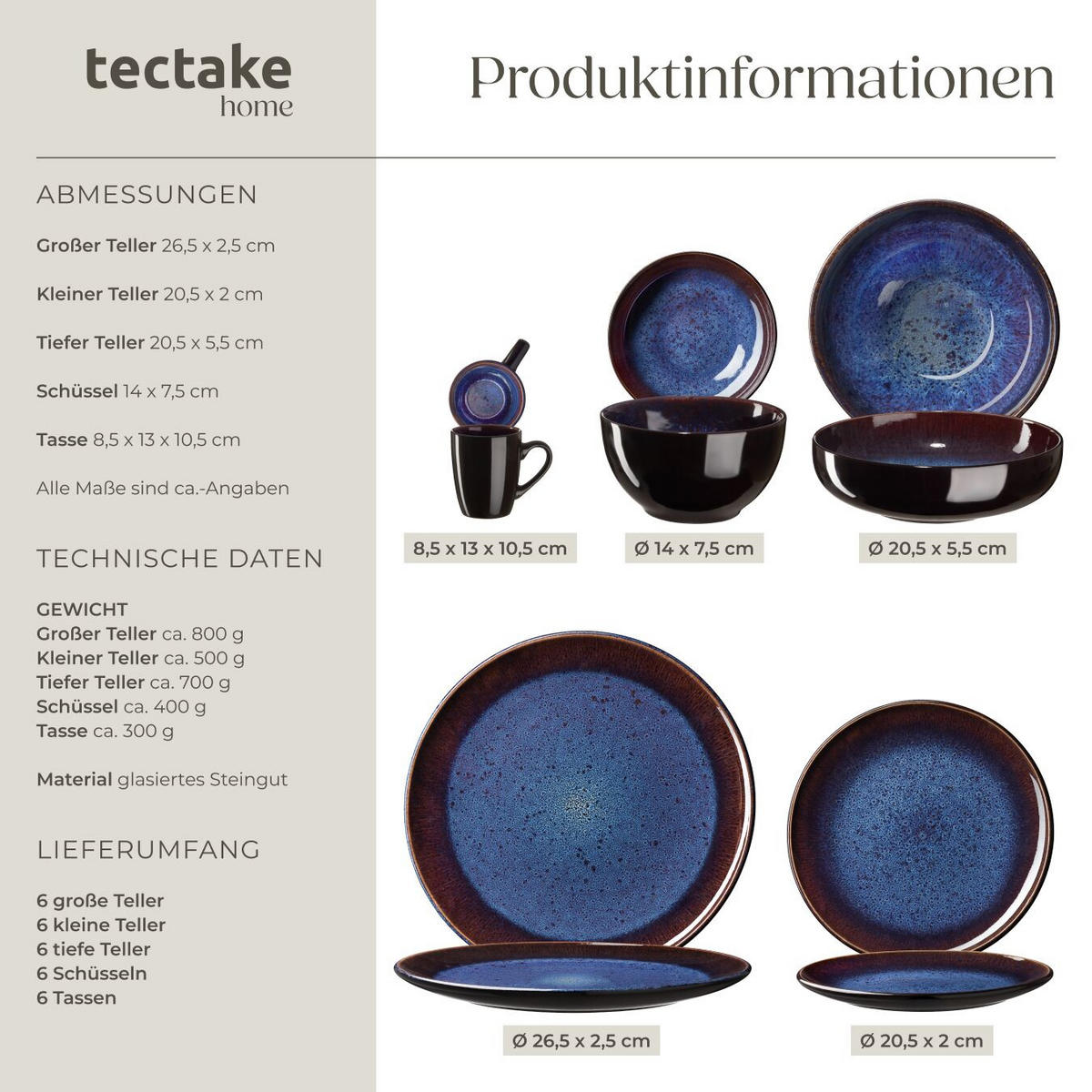 KOMBISERVICE Mare, ineinander stapelbar, blau/braun - Blau, Keramik (26.5/2.5/26.5cm) - tectake