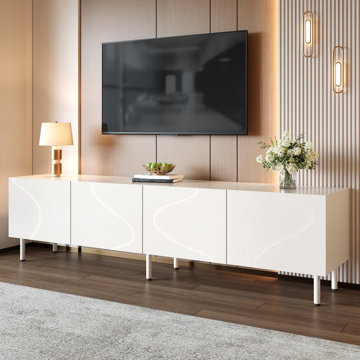 TV-RACK 170x35x50cm PushtoOpen Lowboard Weiß Grifflos Geschwungenes Design - Weiß, Holz (49.5/21.01/96.29cm) - Raelunyi