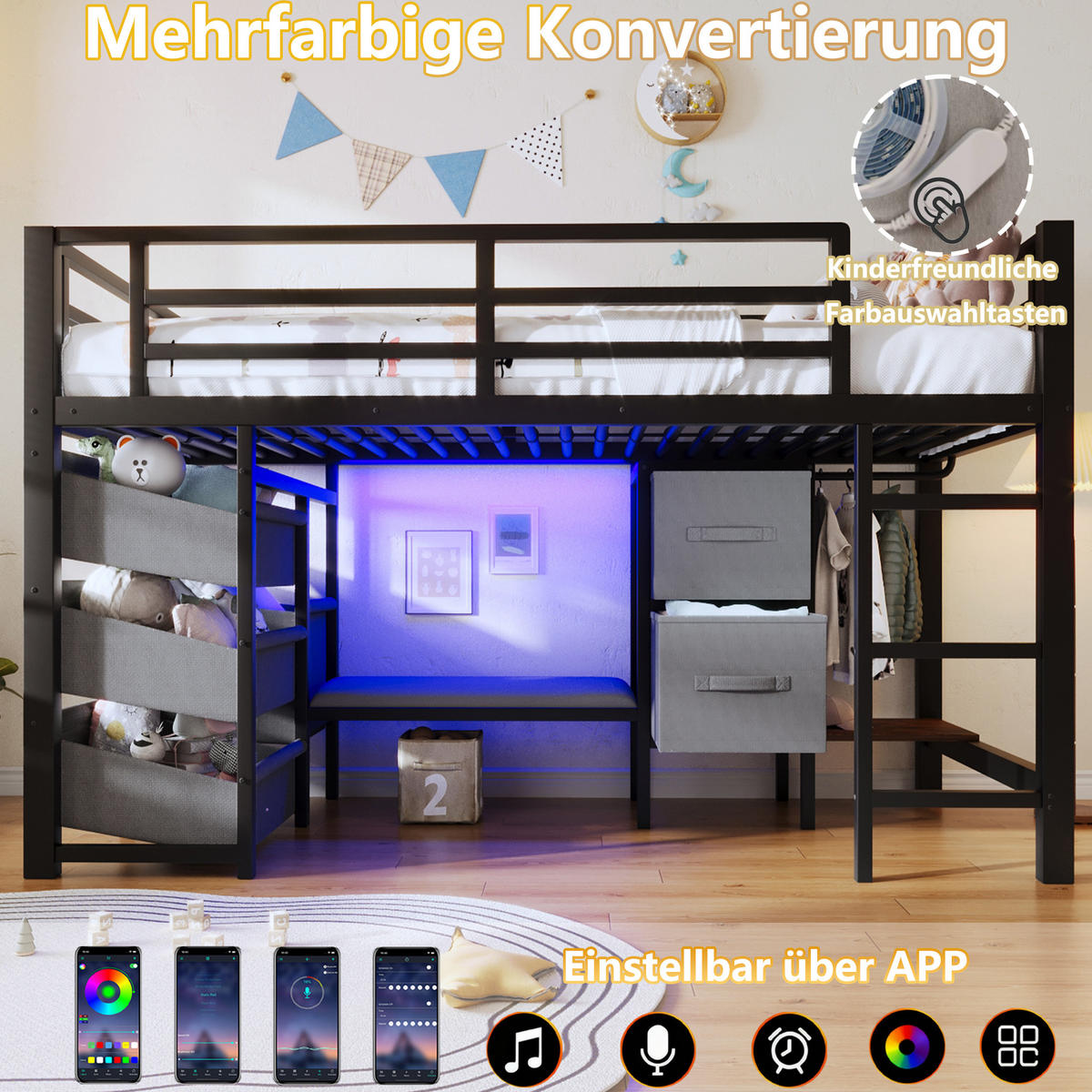 HALBHOHES BETT 90x200cm Schwarz Metall LED-Licht Sitzkissen - Schwarz, Metall (90/200cm) - FLIEKS
