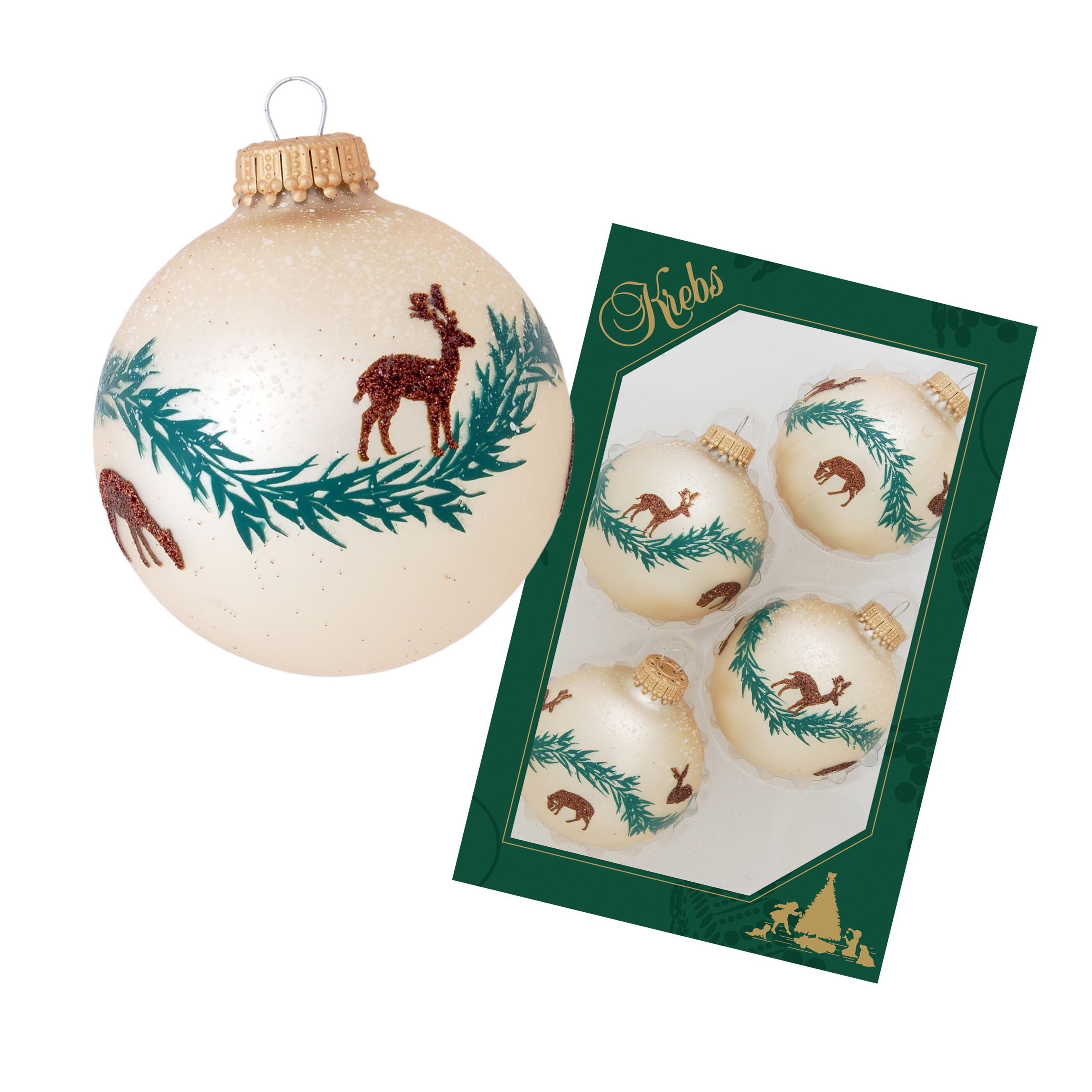 CHRISTBAUMKUGELN Hirsch auf Girlande Beige 7cm (Glas / 4 Stk.) - Beige, Glas (6/7/6cm) - Krebs Glas Lauscha
