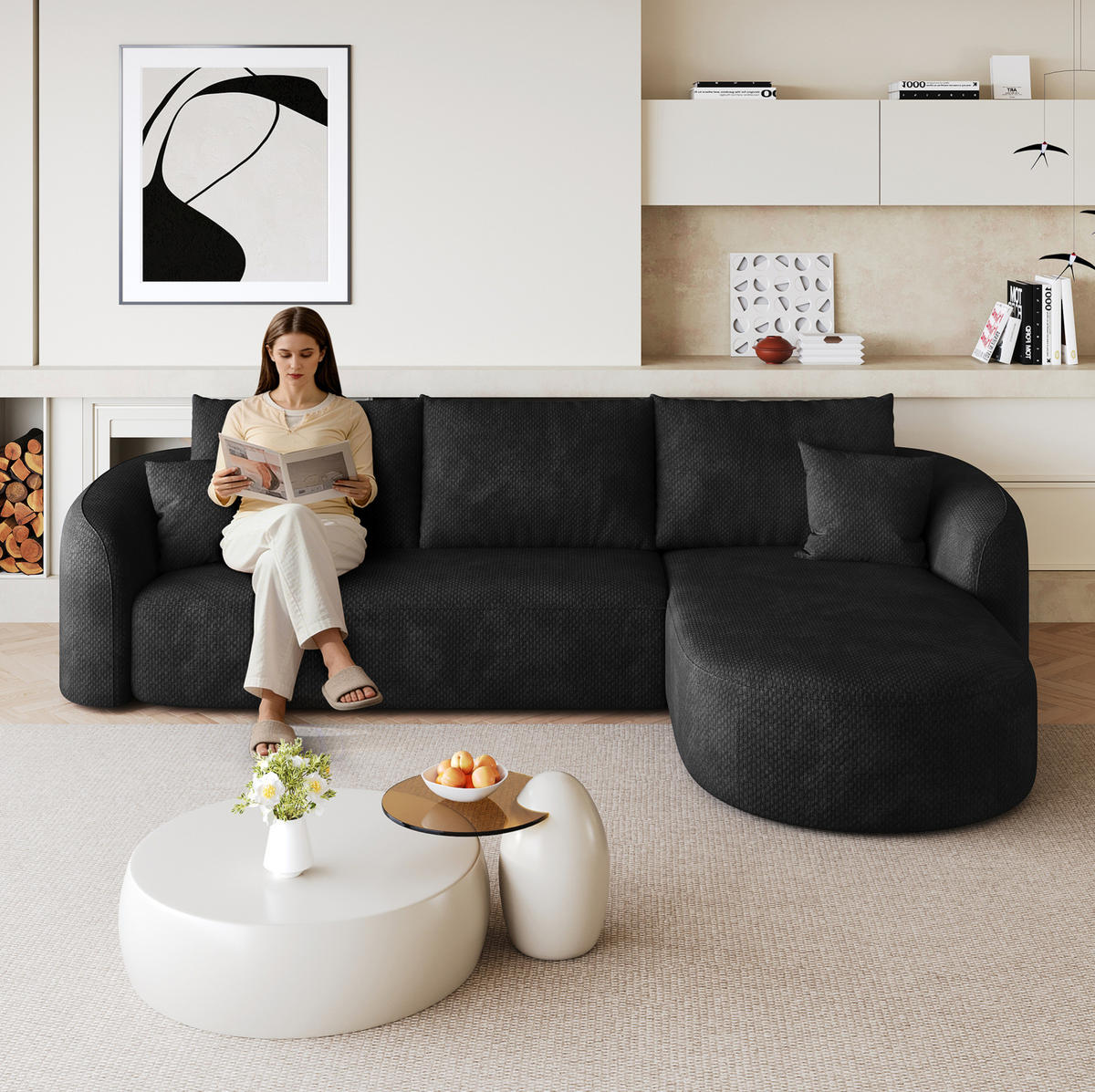 ECKSOFA in L-Form 266 cm Schwarz aus Stoff - Schwarz, Kunststoff (168/266.1cm) - Meubliv