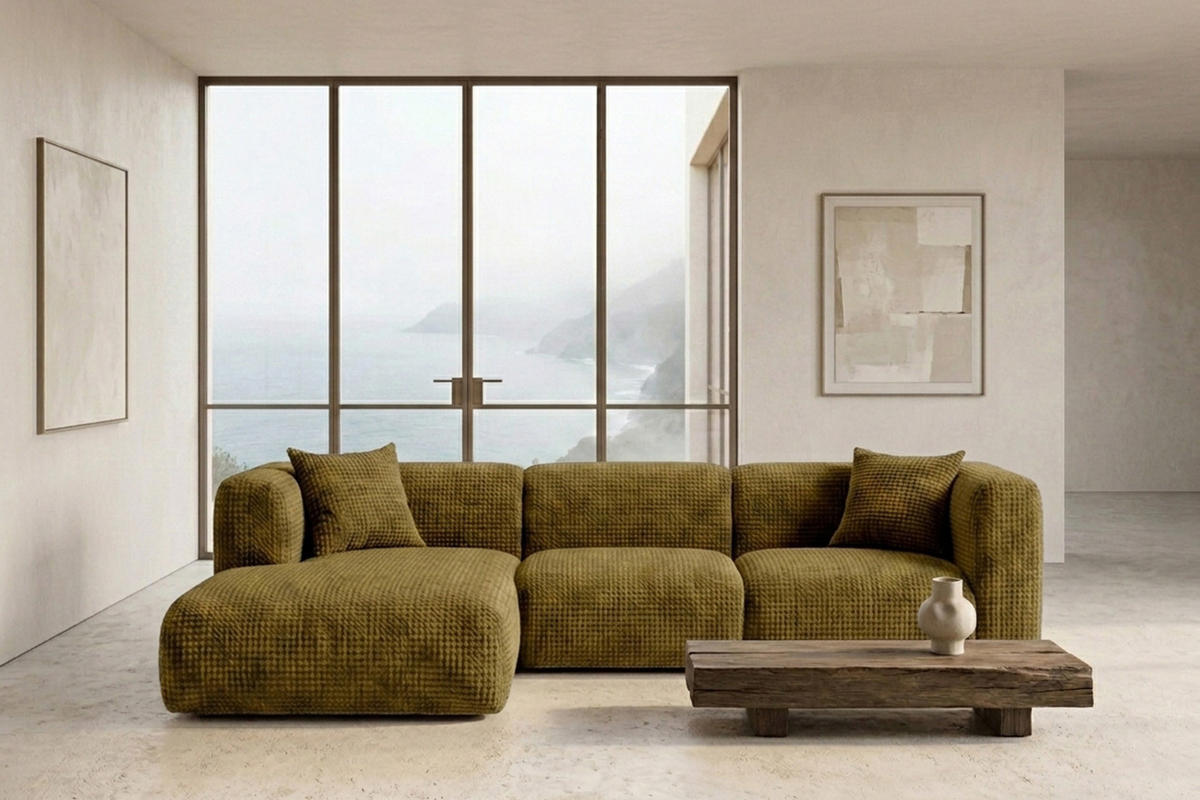 ECKSOFA L-Form, Chenille-Stoff Cremona, Olive, Links, GRETA - Olivgrün, Holz (318/179cm) - Kaiser Möbel