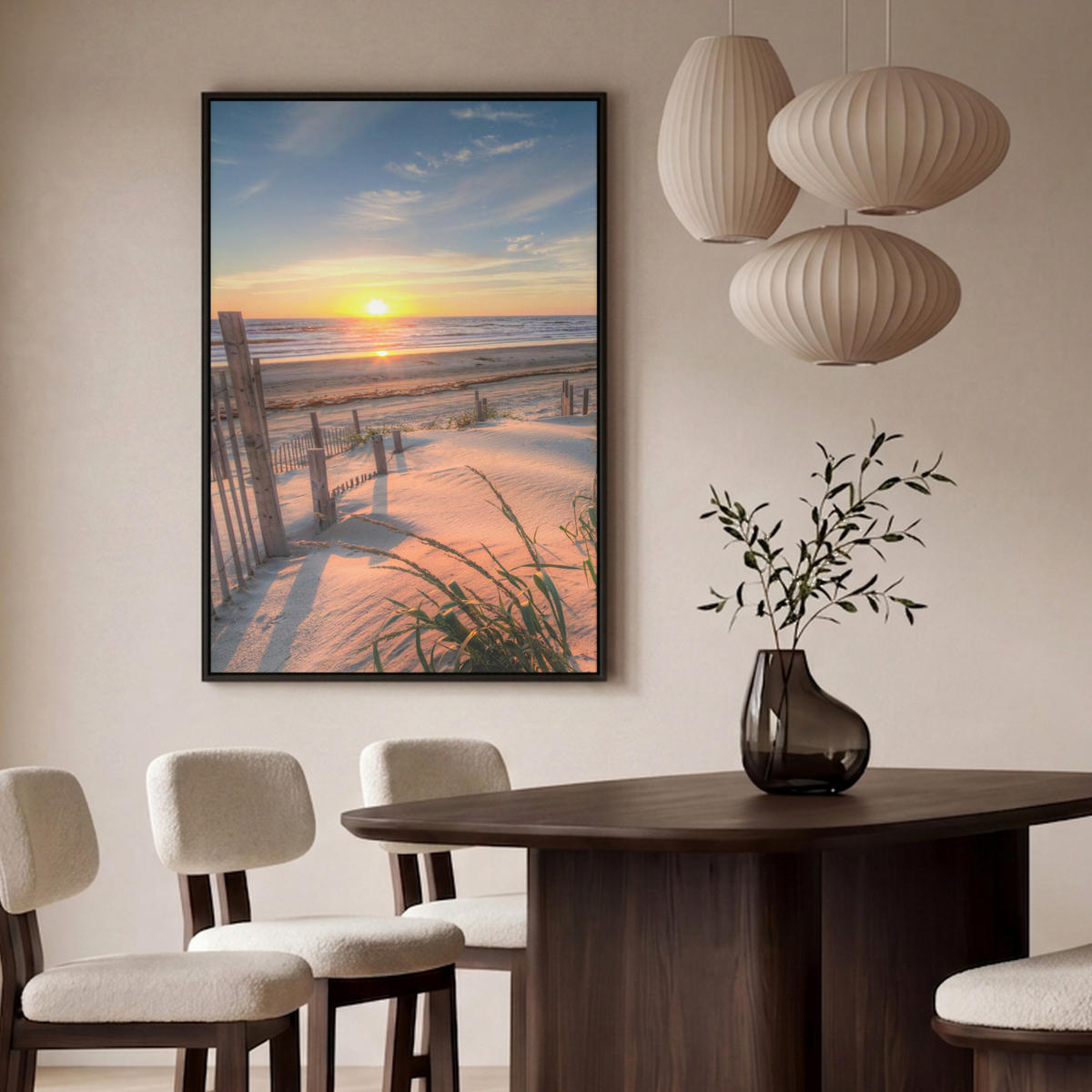 LEINWAND Bilder mit Rahmen - Strand - Meer - Düne - Sonnenuntergang - Landschaft - 80x120 - Beige, Textil (80/120cm) - MuchoWow