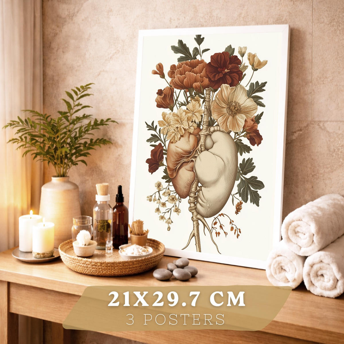 POSTER Set aus 3 Anatomie Mensch Florale Vintage Drucke und Wandbilder mit Herz Brustkorb und Becken Wanddekoration Größe Weißer Rahmen A4 - Weiß, Papier (21/29.7/3cm) - Nacnic