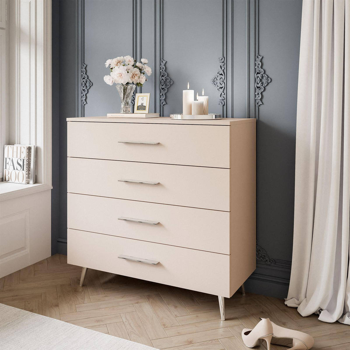 KOMMODE AURA KASCHMIR 4S mit Schubladen Silberne Beine und Griffe - Kaschmir/Silberfarben, Holzwerkstoff (95/90/40cm) - Lookway
