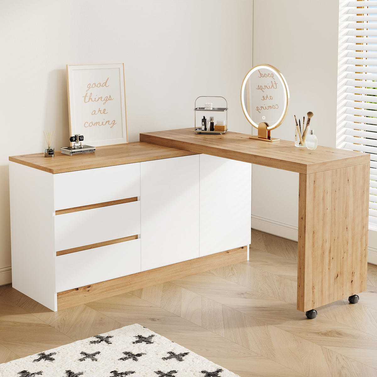 SCHREIBTISCH Klappbar mit Rollen Drehbar Weiß Eiche Modern - Multicolor, Holzwerkstoff (50/120/78cm) - FLIEKS