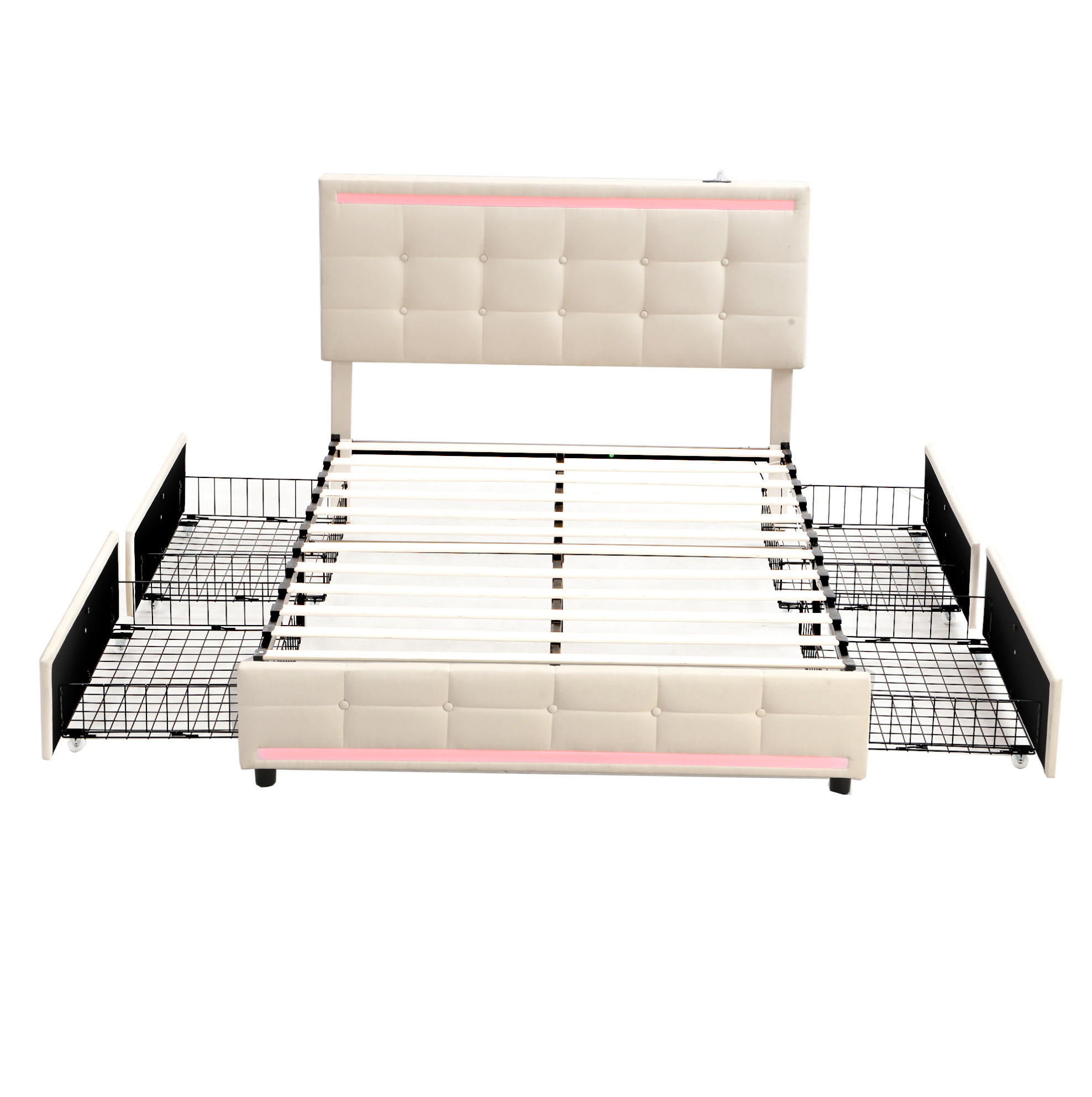 POLSTERBETT aus gepolstertem Bezug 140x200 cm Beige mit LED-Beleuchtung, 2 USB-Anschlüssen und 4 Schubladen - Beige, Textil (140/200cm) - Modfu