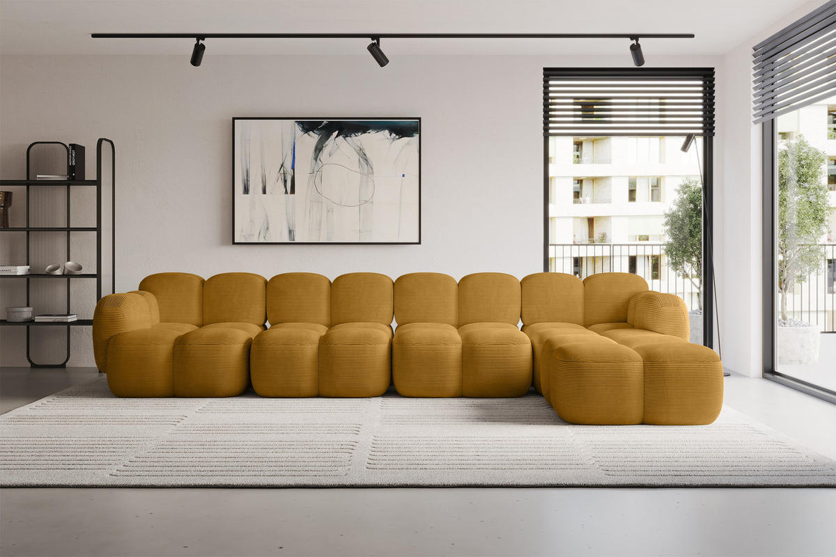 ECKSOFA modulares Sofa Rechts Miko-L3 390x205x75 Senfgelb Cord - Schwarz/Honig, Holzwerkstoff/Kunststoff (390/205cm) - ALTDECOR