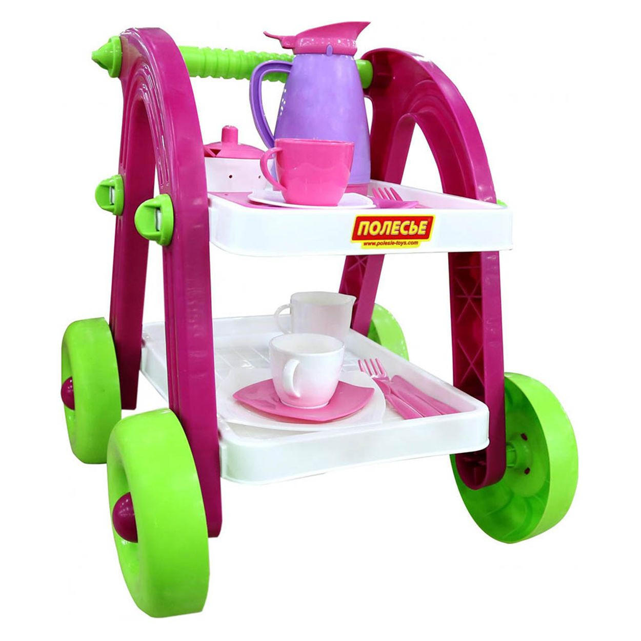 SPIELGESCHIRR Stars Chef 44655 pink Teekanne, Tassen, Untertassen, Besteck, 2 Ebenen, 4 Räder, Milchkanne - Pink, Kunststoff (43/44/38cm) - Polesie