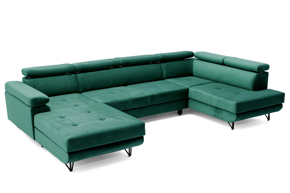ECKSOFA U-Form JUNIOR U Rechts mit Schlaffunktion 128x254 Velours Dunkelgrün - Dunkelgrün/Schwarz, Holz/Textil (184/90/323cm) - Muffo
