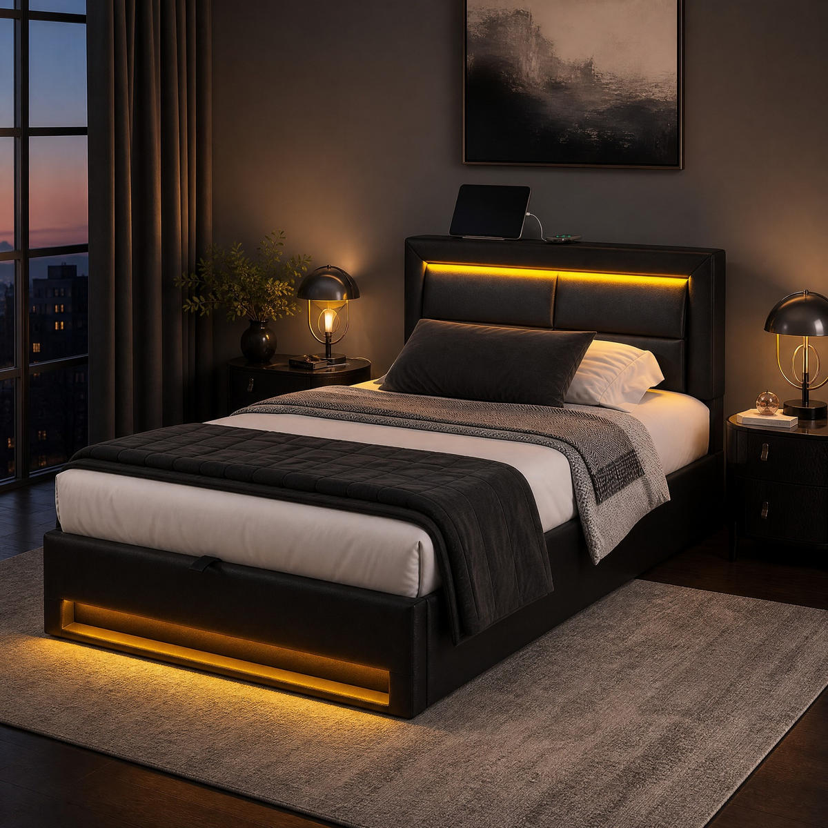 POLSTERBETT 90/200 mit USB-Anschluss, LED-Beleuchtung, Stauraum und PU-Litschi-Muster in Schwarz - Schwarz, Holzwerkstoff/Textil (90/200cm) - EVRYAE