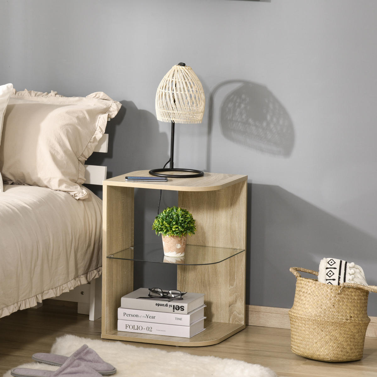 BEISTELLTISCH DE-15732 mit Glasablage Naturholz - Naturfarben, Holzwerkstoff (40/40/56cm) - ComfortXL