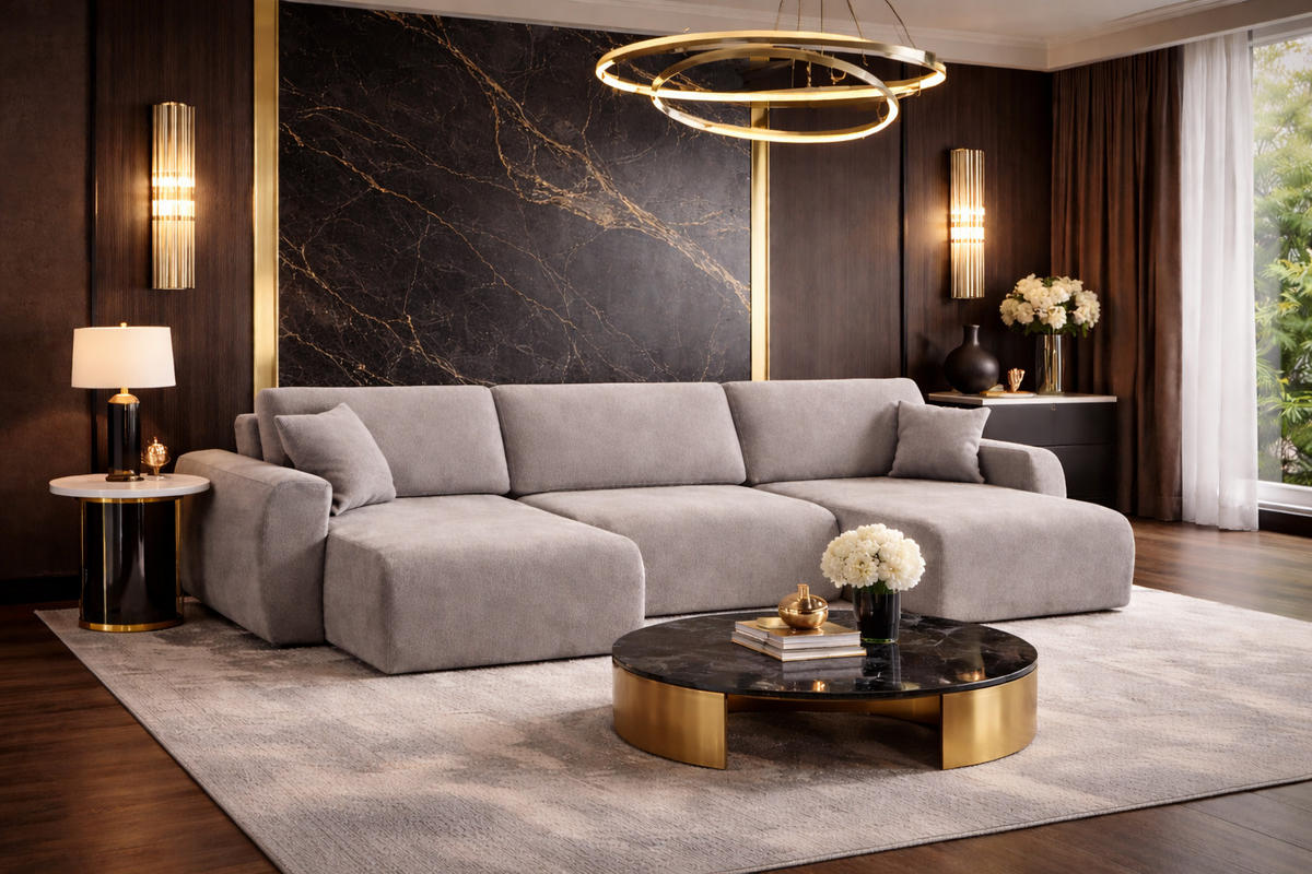 ECKSOFA Mit Schlaffunktion Und Bettkasten U-Form Ariel U, Veloursstoff Salvador, Grau - Grau, Holz (342/142cm) - Kaiser Möbel