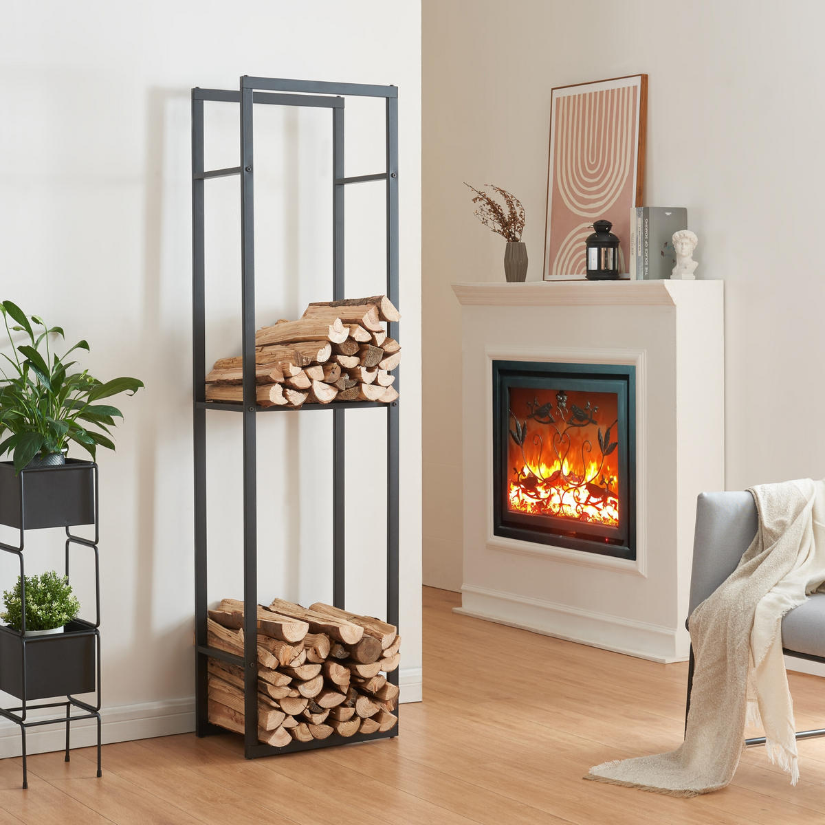 KAMINHOLZREGAL Ulvila - Schwarz, Metall (45/170/30cm) - [en.casa]