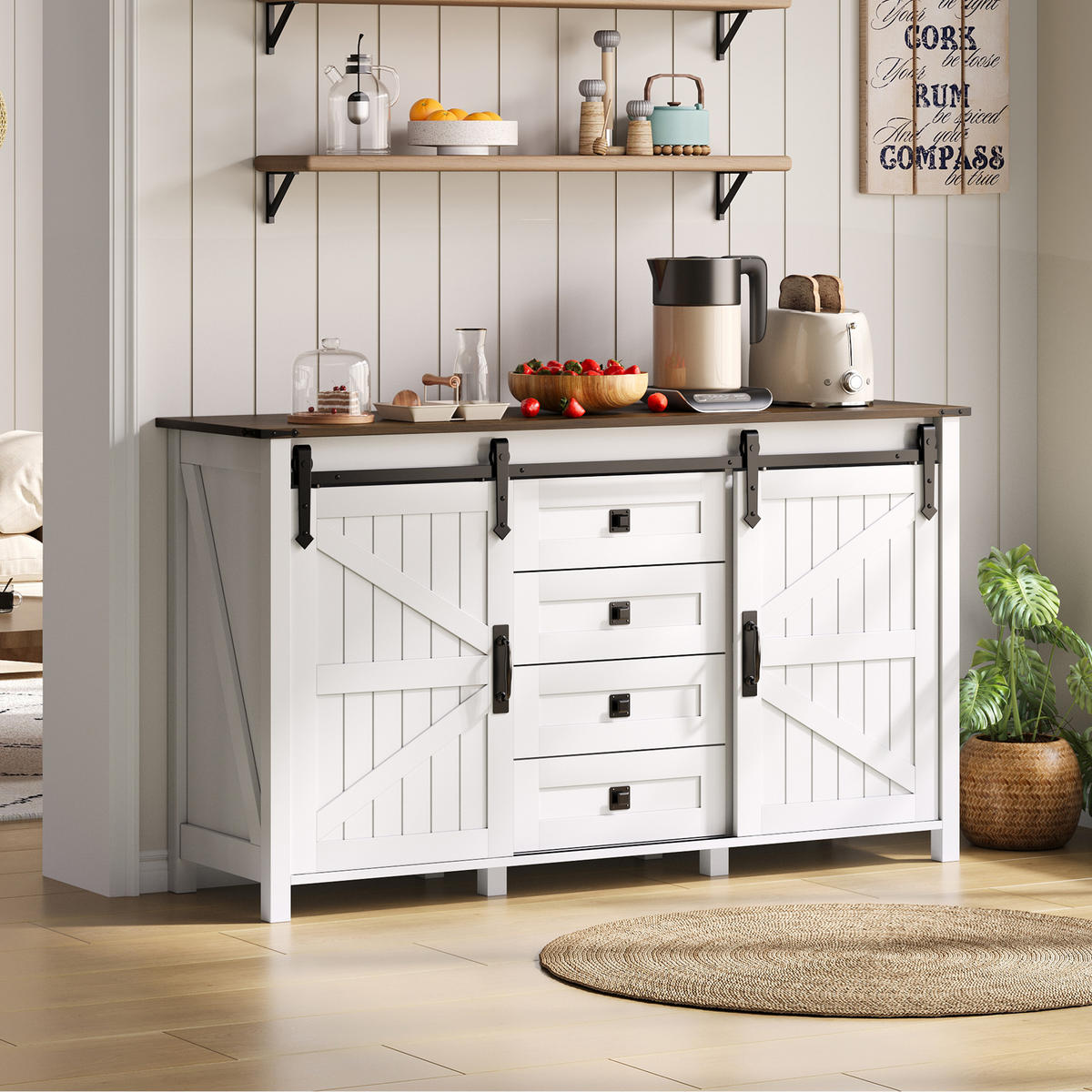 SIDEBOARD 137/40/81.5 cm Weiß mit Schiebetüren und 4 Schubladen - Weiß, Holz (137/81.5/40cm) - Oxeza