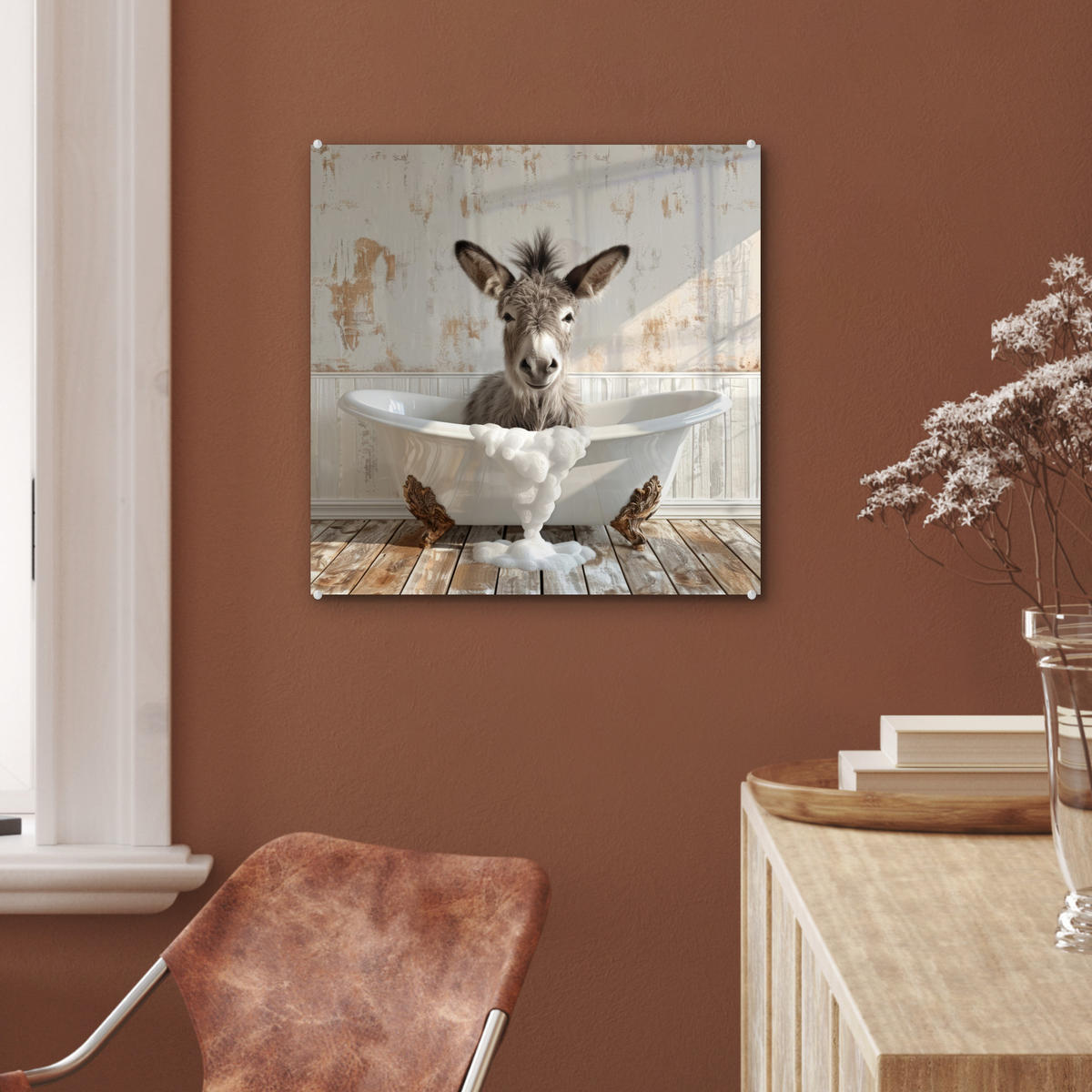 ACRYLGLASBILD Esel - Tiere - Badewanne - Schaumstoff 50x50 cm - Weiß, Glas (50/50cm) - MuchoWow
