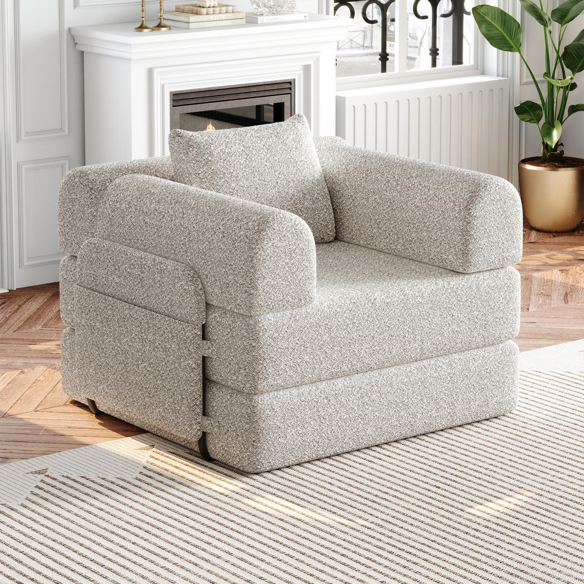 SCHLAFSOFA 2-in-1 mit Ablagefach in der Armlehne und Stahlrahmen Khaki Chenille 100/80/90 cm - Naturfarben, Textil (181.6/49.5/94cm) - OKWISH