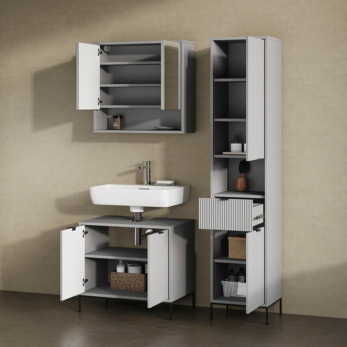 BADMÖBEL-SET ATERNO Grau 3 Teile, mit Hochschrank - Grau, Holzwerkstoff (70/63/45cm) - Livinity®
