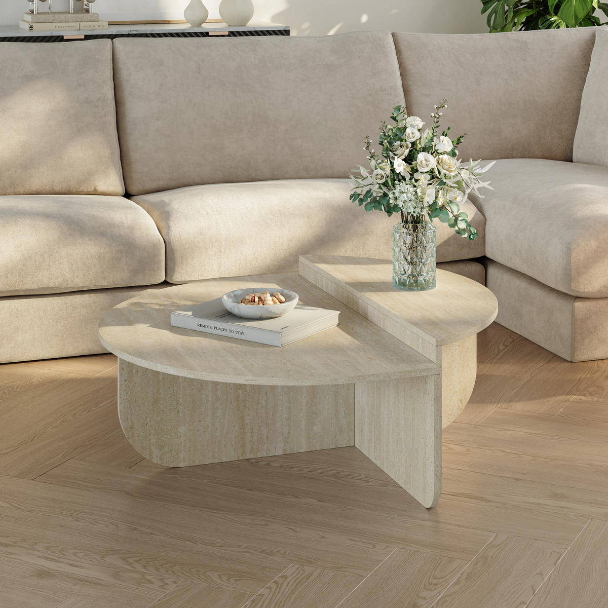 KAVANOVÝ STOLEK Tondesdaslo 90/90/35 cm - béžová, kompozitní dřevo (90/90/35cm) - [en.casa]