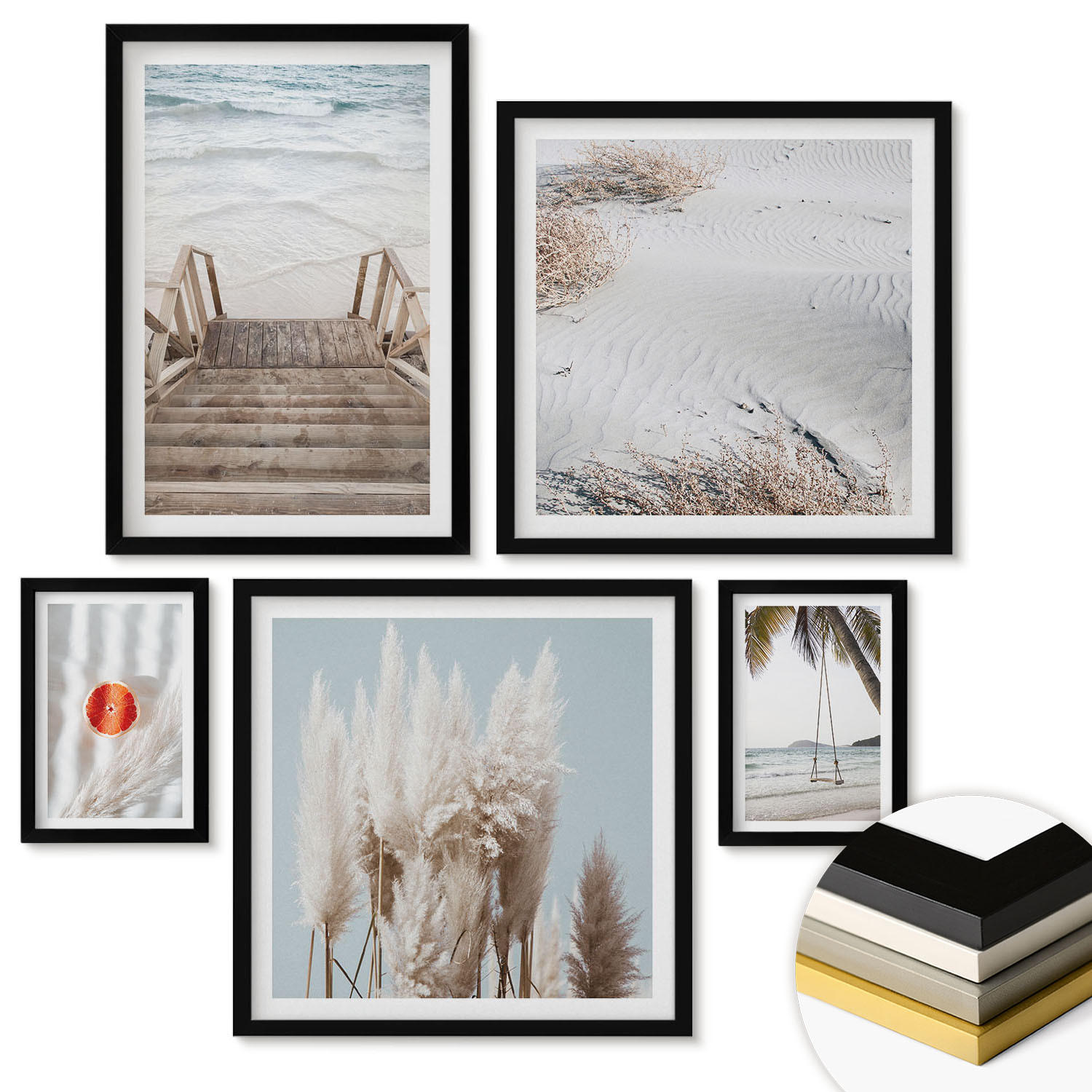 WANDBILDER 5er-Set - 50x50 cm & 20x30 cm & 40x60 cm Schwarzer Rahmen - Strandatmosphäre dank hölzerner Treppen. - Schwarz, Kunststoff (40/60cm) - ArtPrintCave