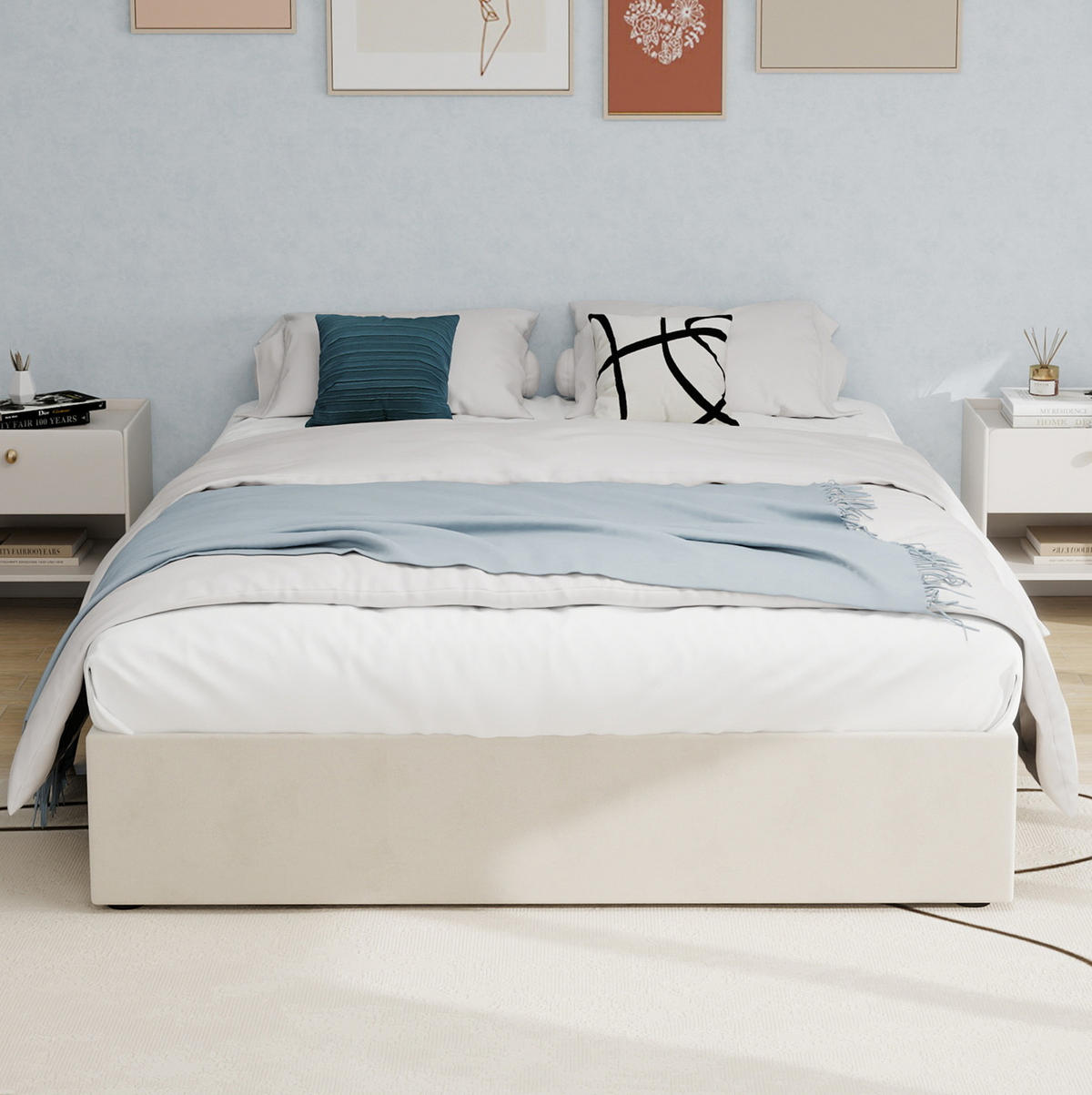 POSTEĽOVÝ rám 160/200 cm béžový s plynovým zdvihom z látky a kovu - béžová, textil (160/200cm) - OKWISH