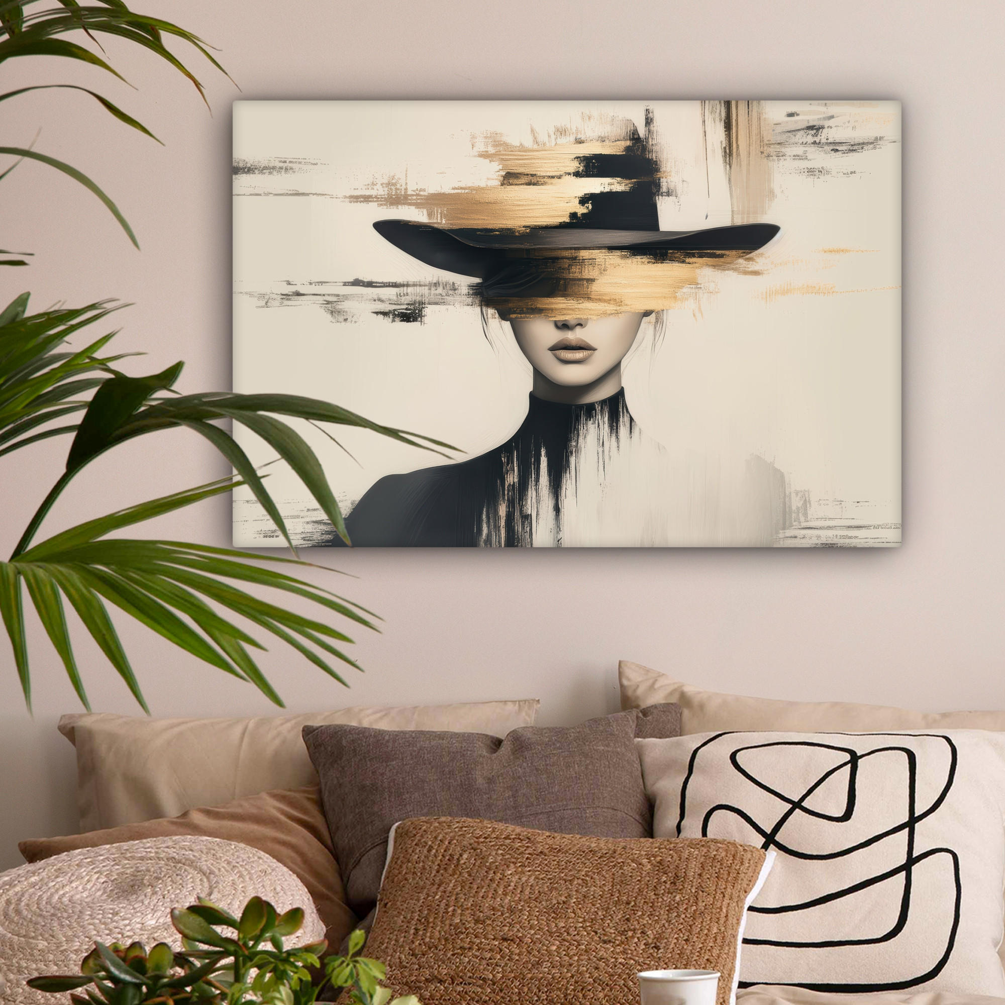 LEINWANDBILD Frau - Hut - Farbe Gemälde 60x40 cm - Goldfarben, Textil (60/40cm) - MuchoWow