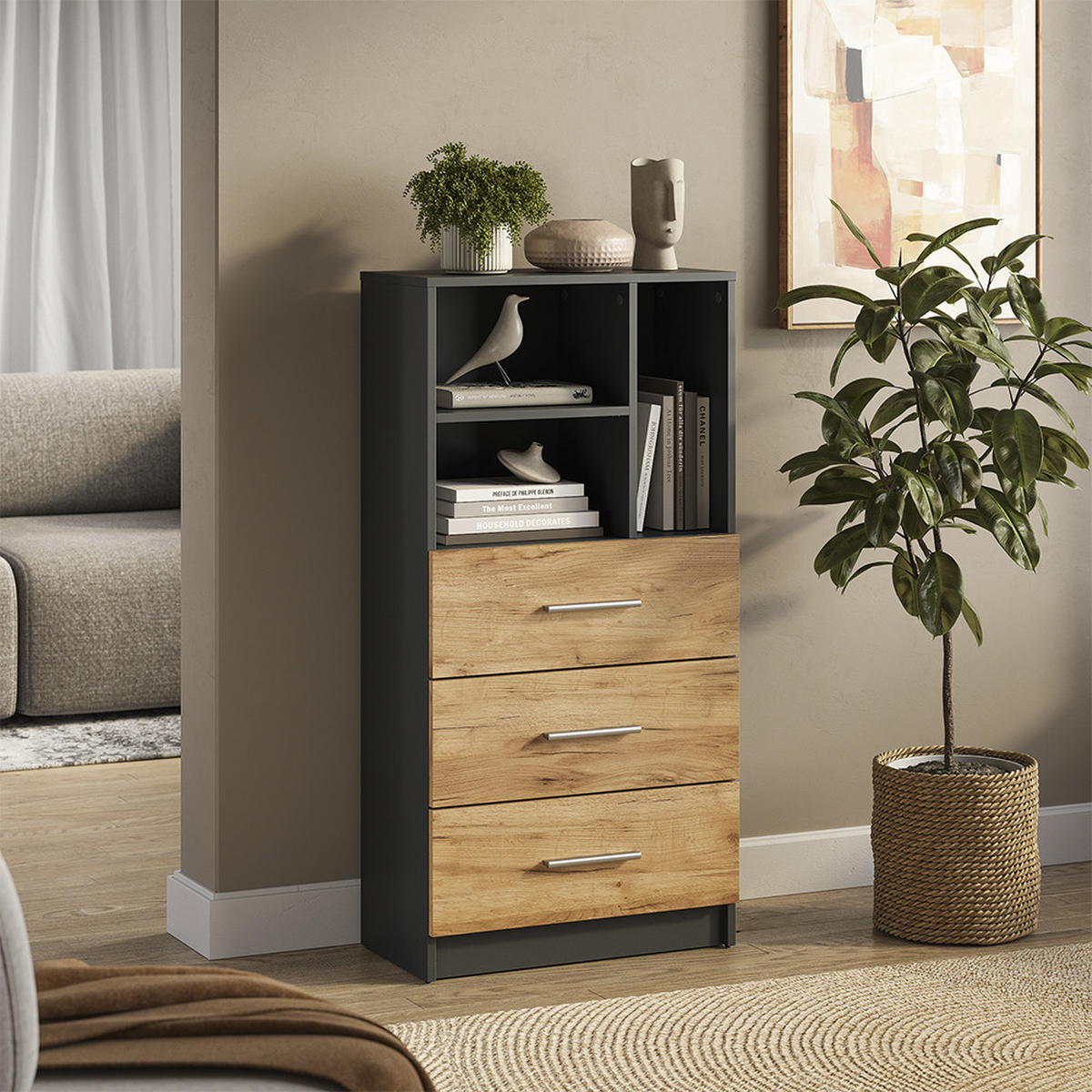 UNIVERSALSCHRANK Tomy, Anthrazit/Goldkraft Eiche, 60 x 120 cm mit 3 Schubladen - Honigeiche/Anthrazit, Holzwerkstoff (60/120/31.6cm) - Vicco