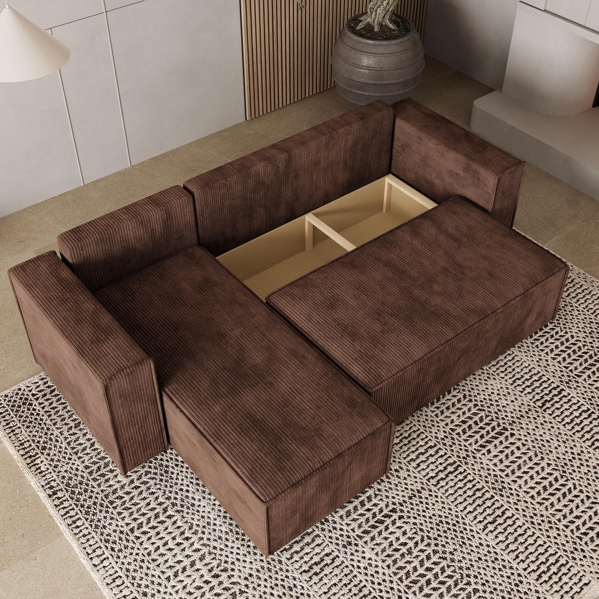 ROHOVÁ SEDAČKA RAVELO hnědá - šedá/hnědá, dřevo/textil (240/140cm) - MASSENO