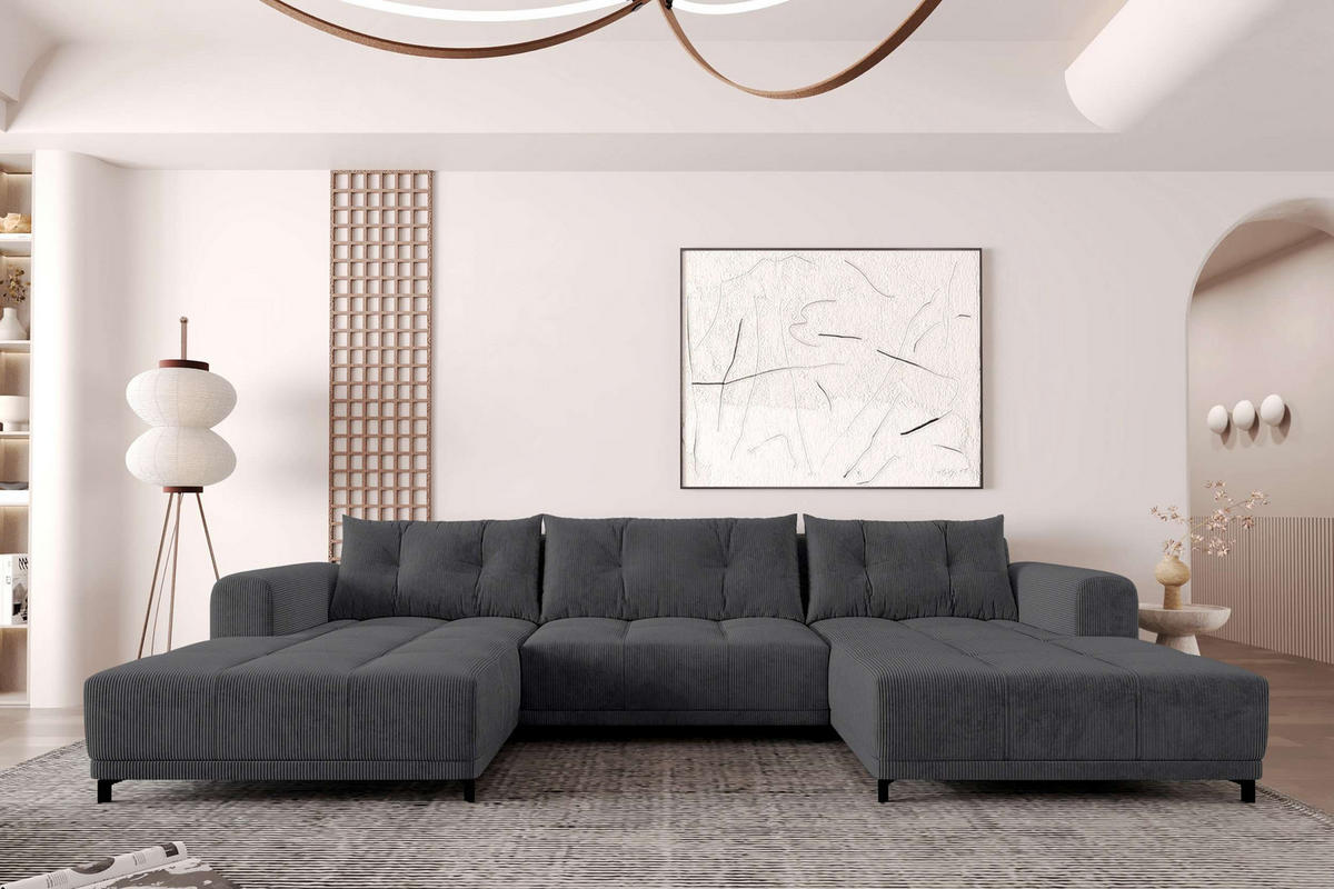 WOHNLANDSCHAFT Massimo Cordstoff Graphitfarben inkl. Schlaffunktion - Graphitfarben/Schwarz, Textil/Metall (356/94/181cm) - 99rooms