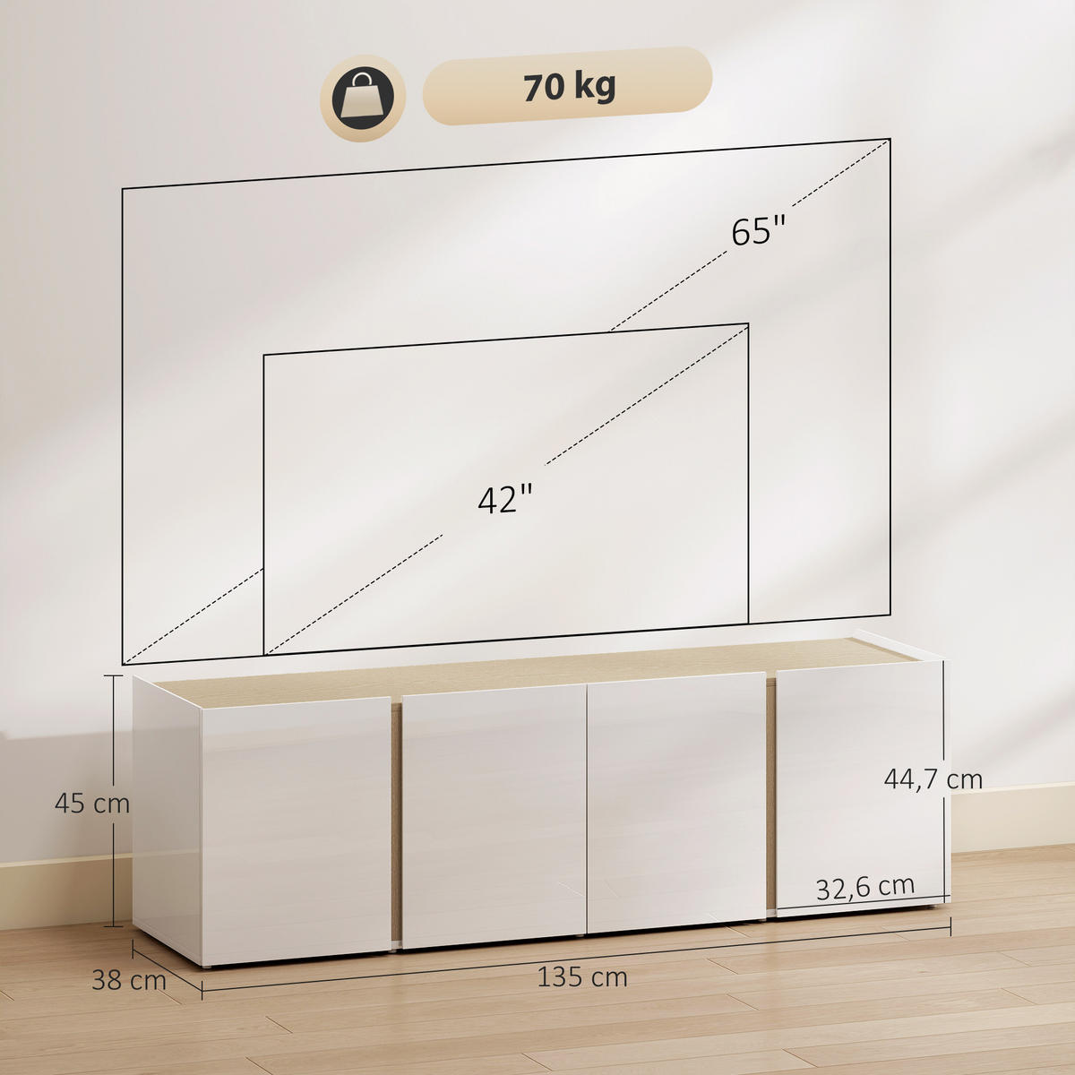 TV Schrank Hochglanz TV Board mit 4 Soft-Close-Türen für Fernseher bis zu 65Zoll - Weiß Hochglanz/Weiß, Holzwerkstoff/Kunststoff (38/45/135cm) - HOMCOM