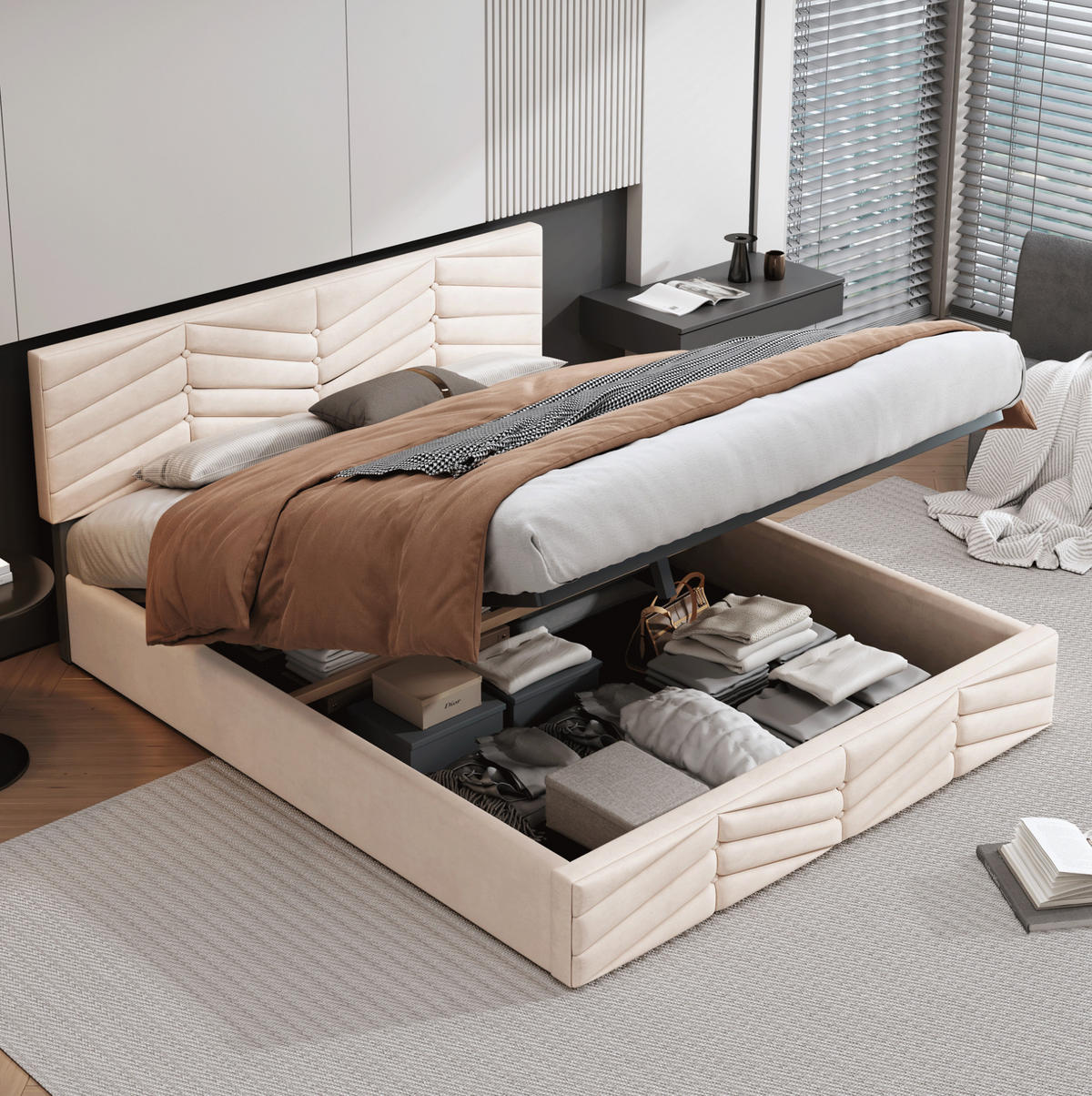 POLSTERBETT mit verstellbarem Kopfteil 140x200 cm Samt Beige - Beige, Metall (140/200cm) - Meubliv