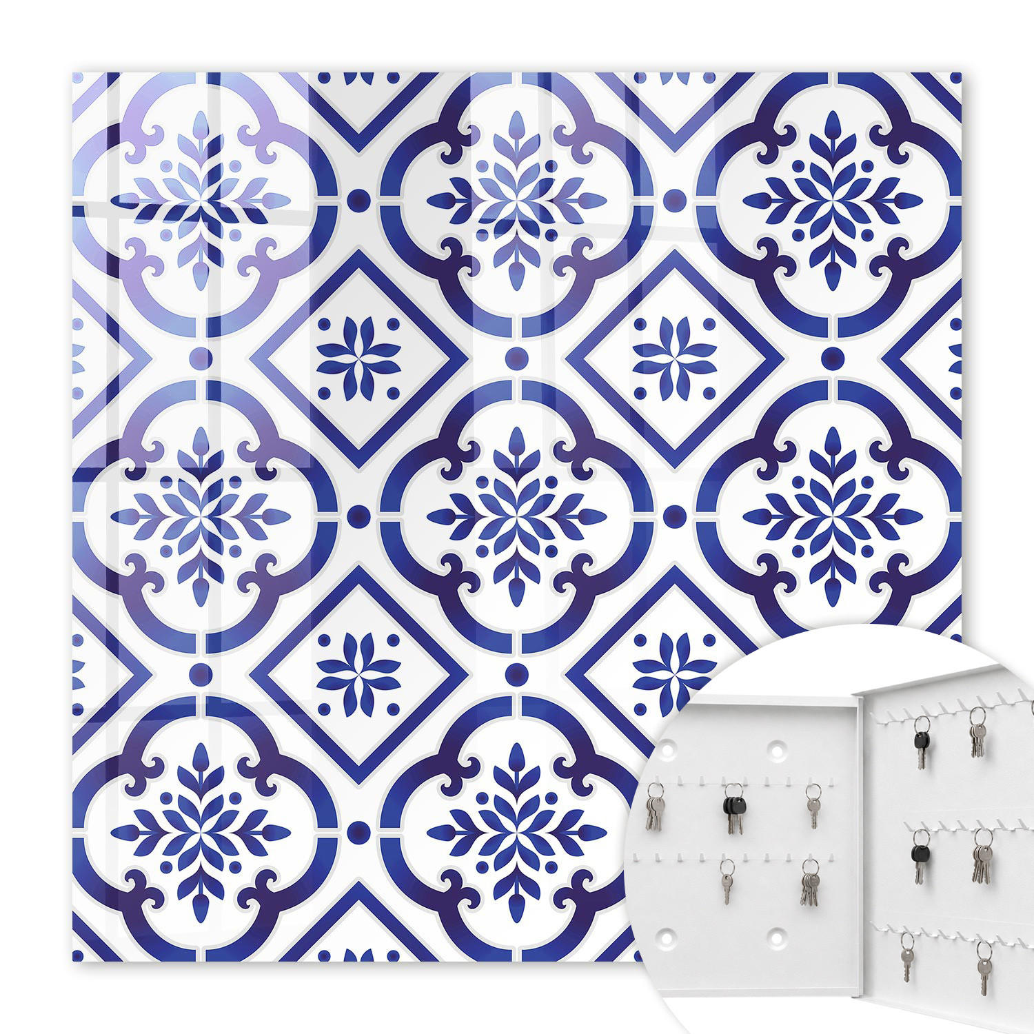 SCHLÜSSELBOX Weiß 30x30 cm – Türöffnung nach rechts - Elegante Muster - Blau, Metall (30/30/5cm) - TULUP