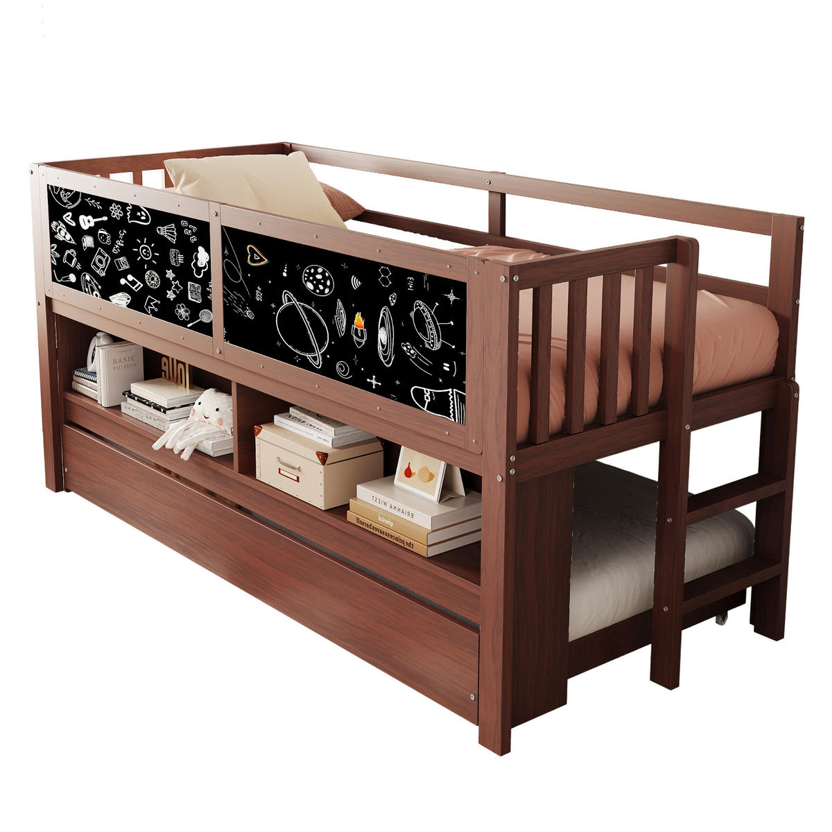 KINDERBETT 90/200 cm braun Multifunktionales Hochbett mit Kletterleiter und Graffiti-Tafel - Braun, Holz (90/200cm) - OKWISH